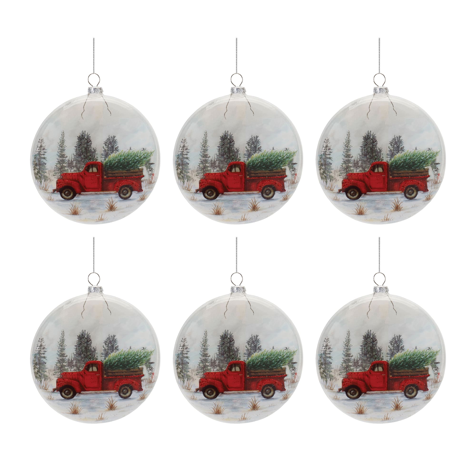 5.75&#x22; Glittered Glass Pickup Truck Disc Ornaments, 6ct.