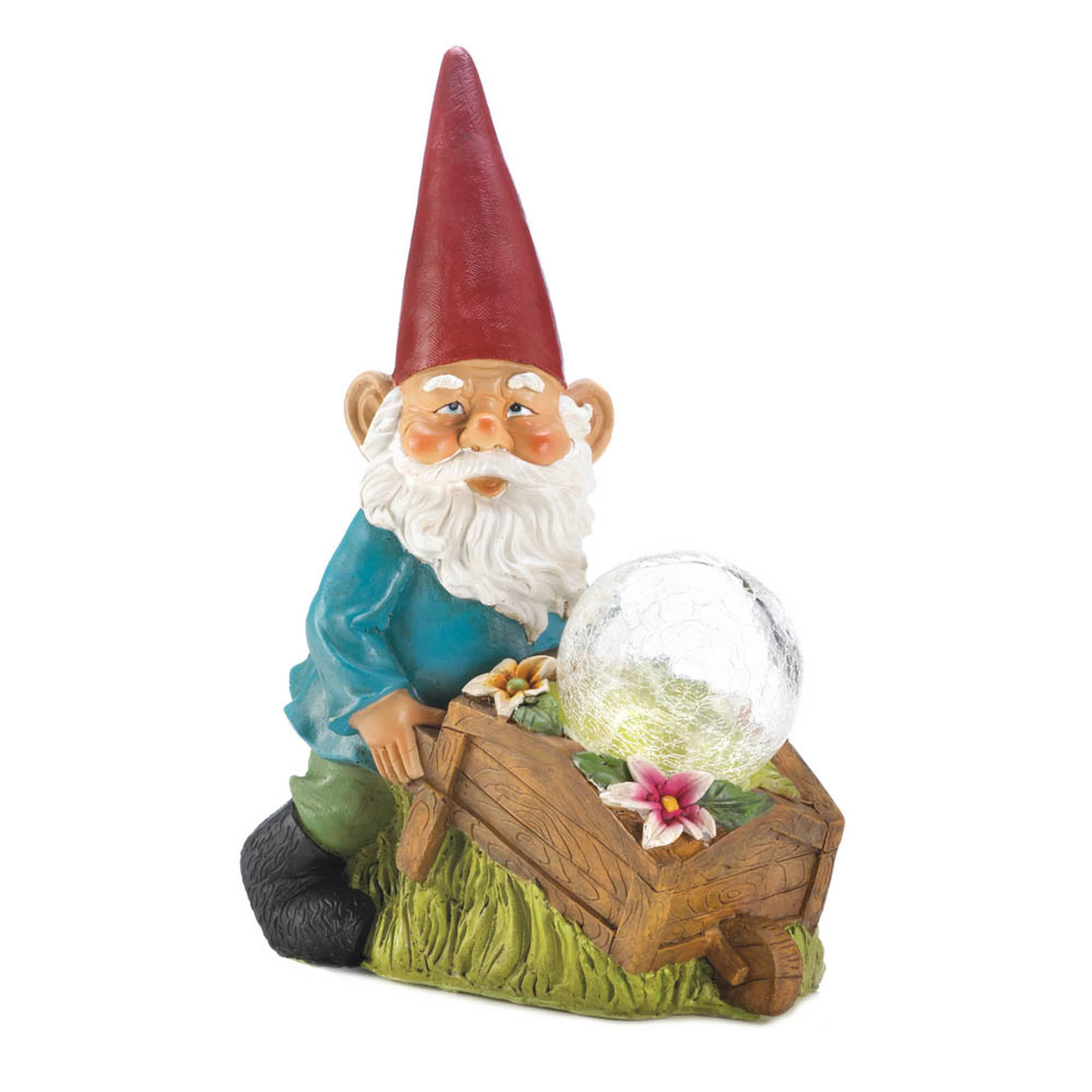 11.75" Gnome with Wheel Barrow Solar Statue
