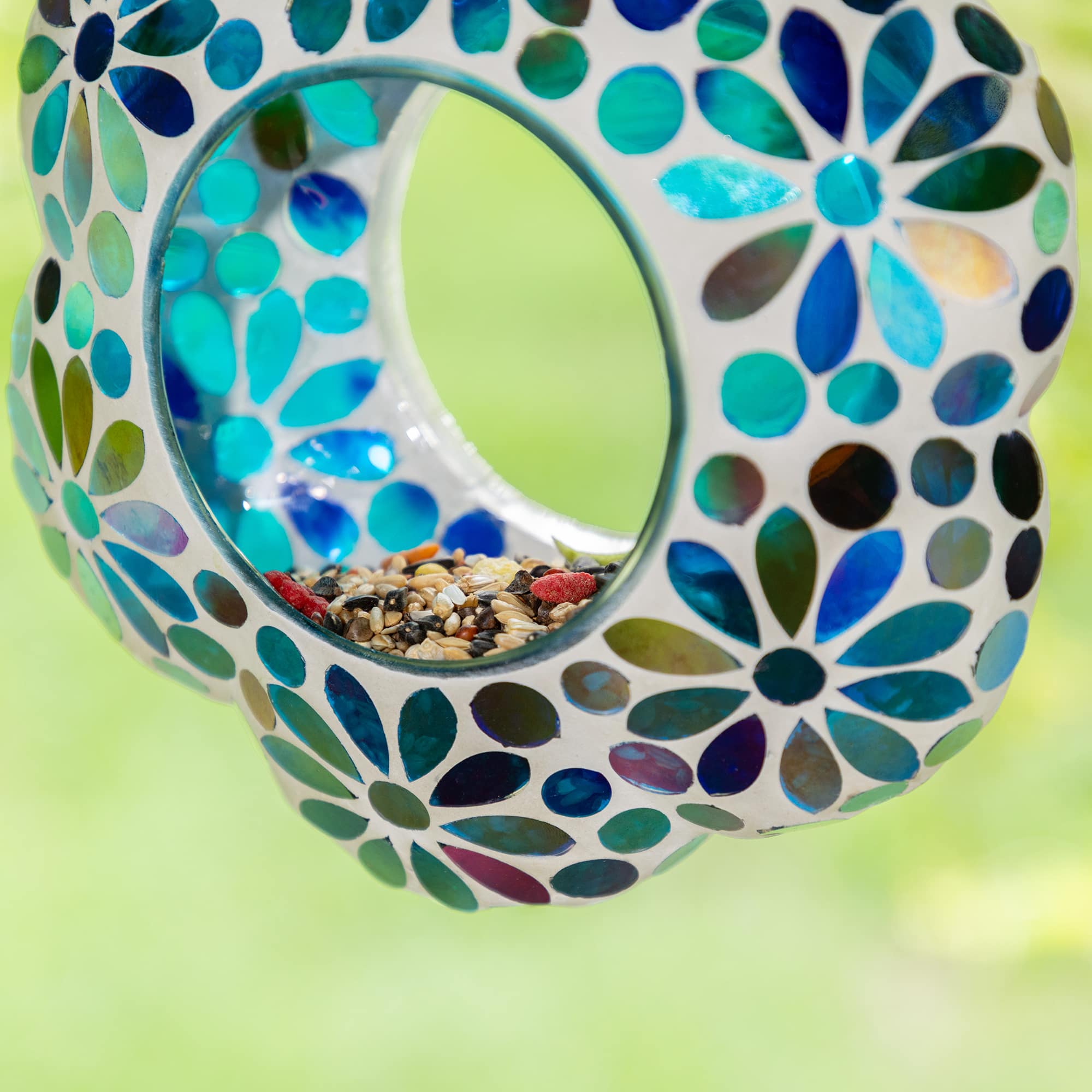 Glitzhome® 8.5" Glass Flower Shaped Hanging Multi-Color Mosaic Birdfeeder