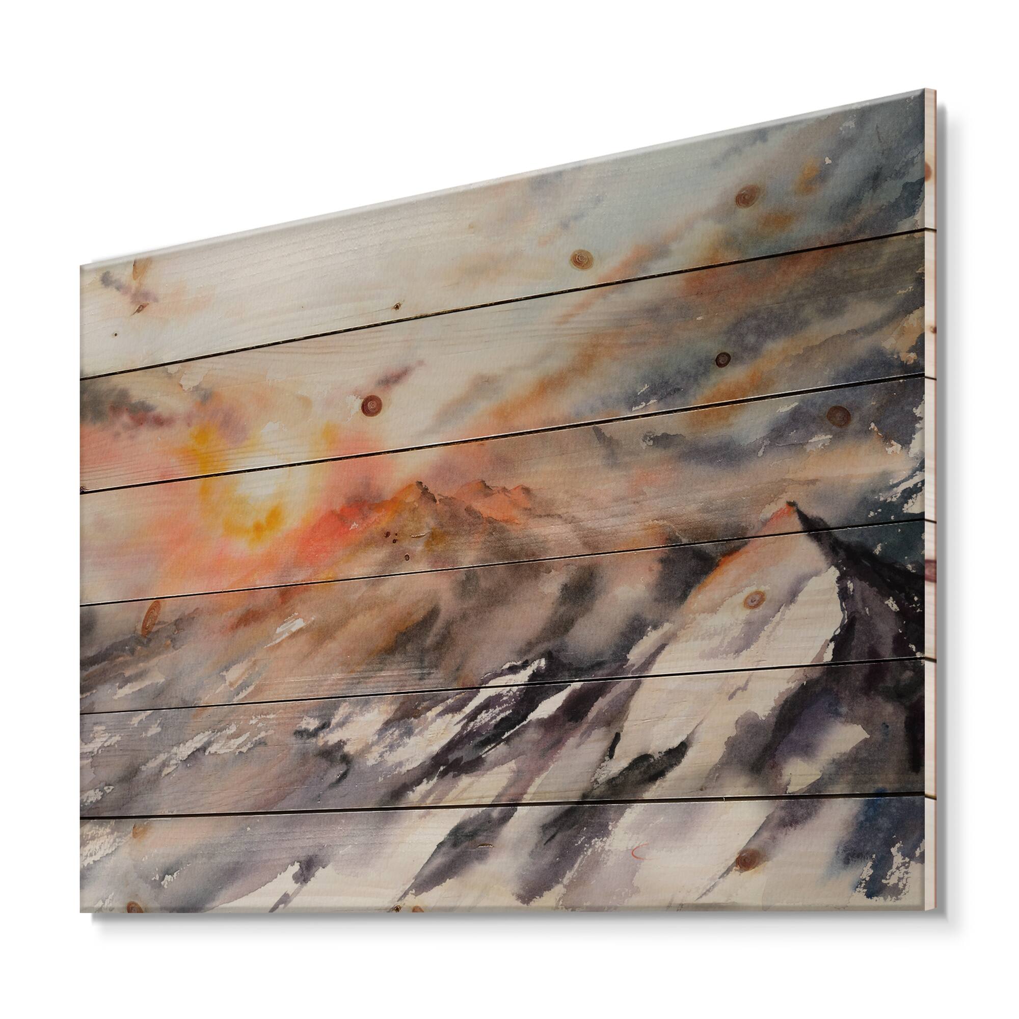 Designart - Majestic Sunset In The Mountains Landscape - Traditional Print on Natural Pine Wood