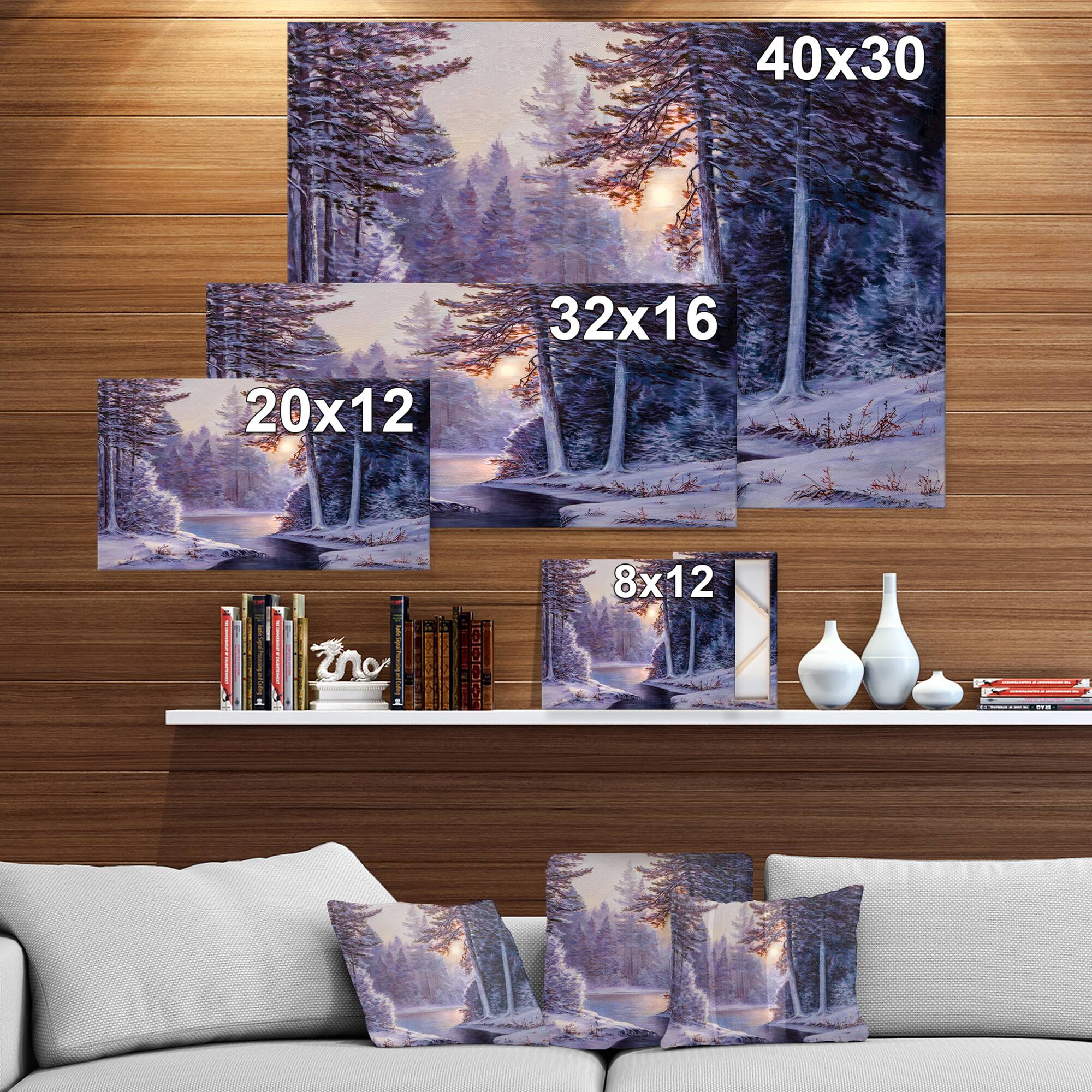 Designart - Winter Forest with the River in Frosty Day - Landscapes Painting Print on Wrapped Canvas