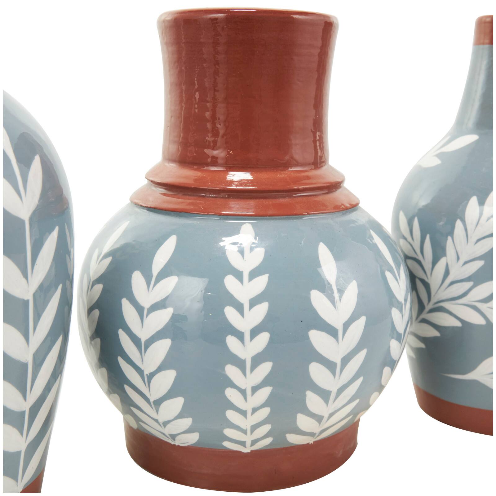 9" Blue Ceramic Floral Vase with Terracotta & White Detailing Set
