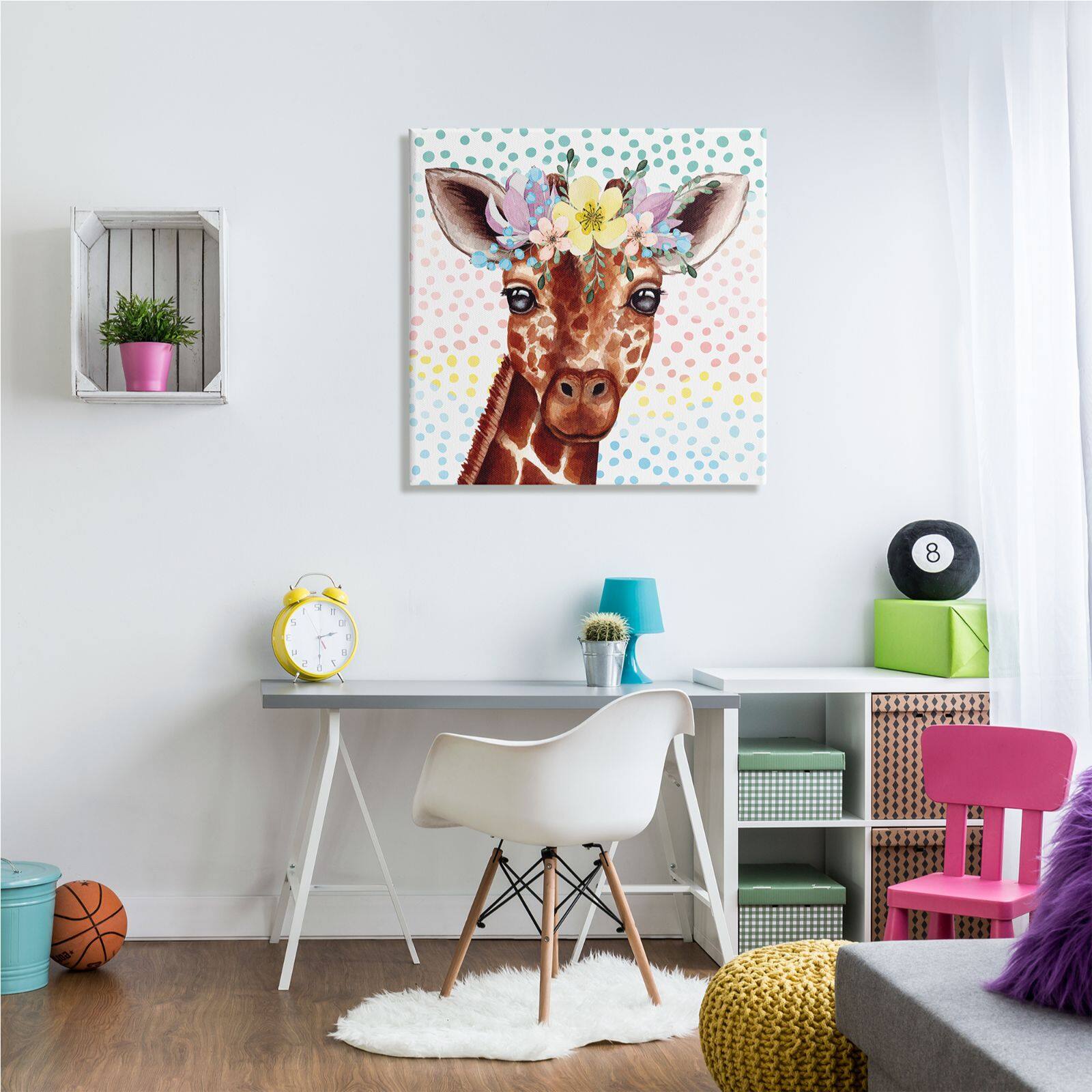 Stupell Industries Chic Giraffe Spring Floral Crown Rainbow Polka Dot Ombre Canvas Wall Art