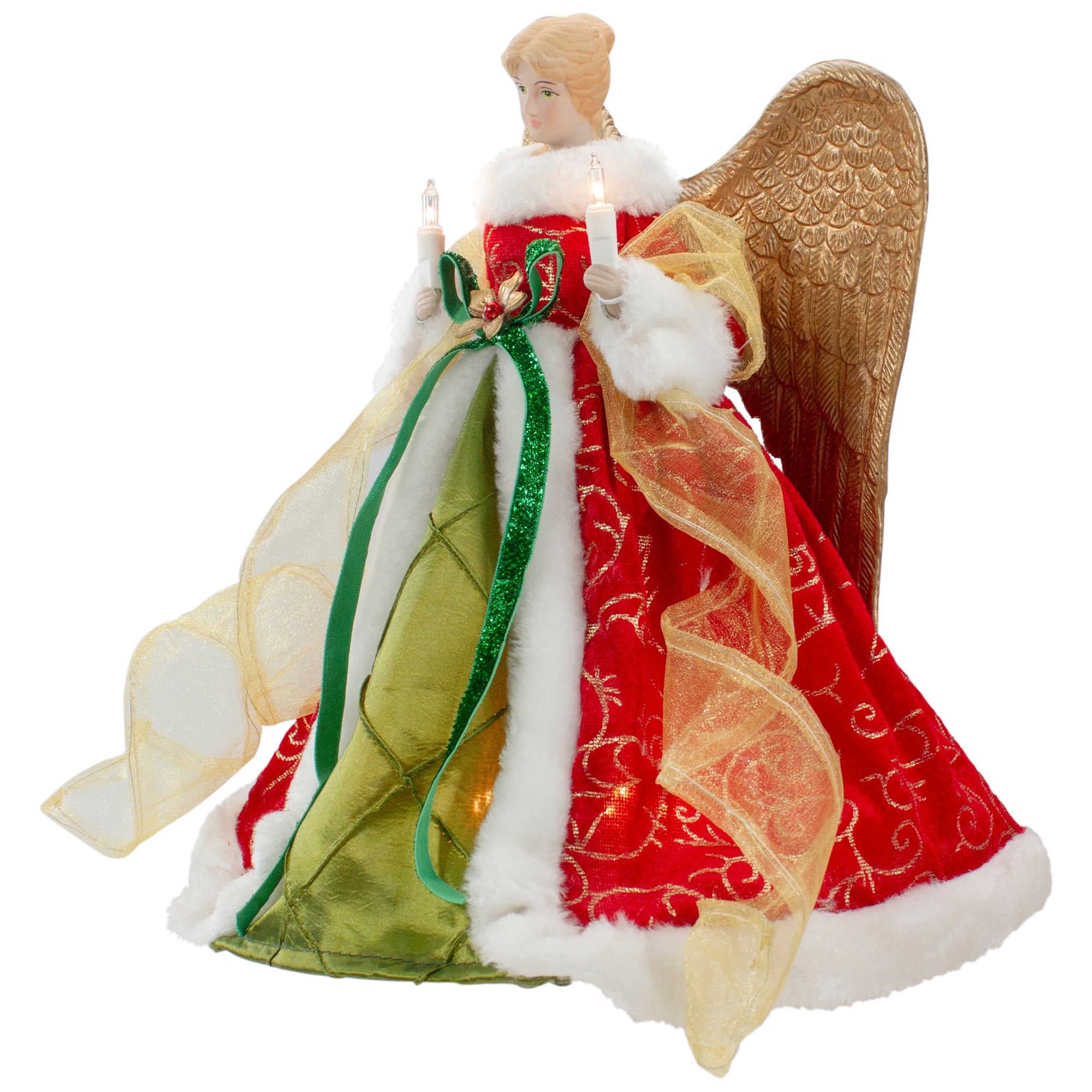 12&#x22; Lighted Red &#x26; Green Angel with Wings Christmas Tree Topper, Clear Lights