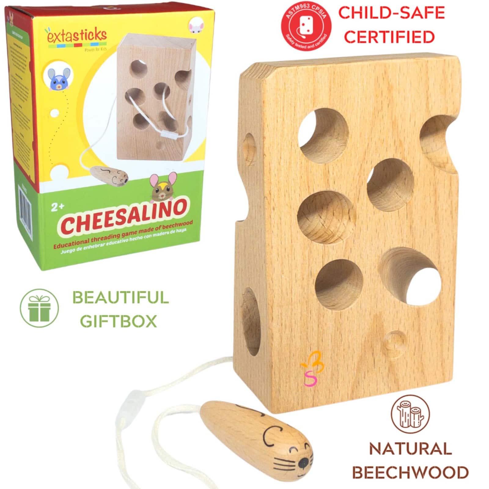 Extasticks Cheesalino Cheese & Mouse Wooden Lacing Toy