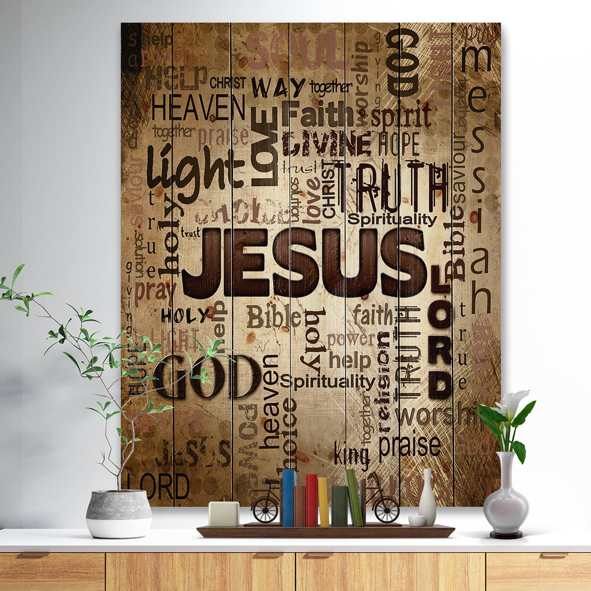 Designart - Jesus&#x27; word cloud in grunge background - Religious Contemporary Print on Natural Pine Wood
