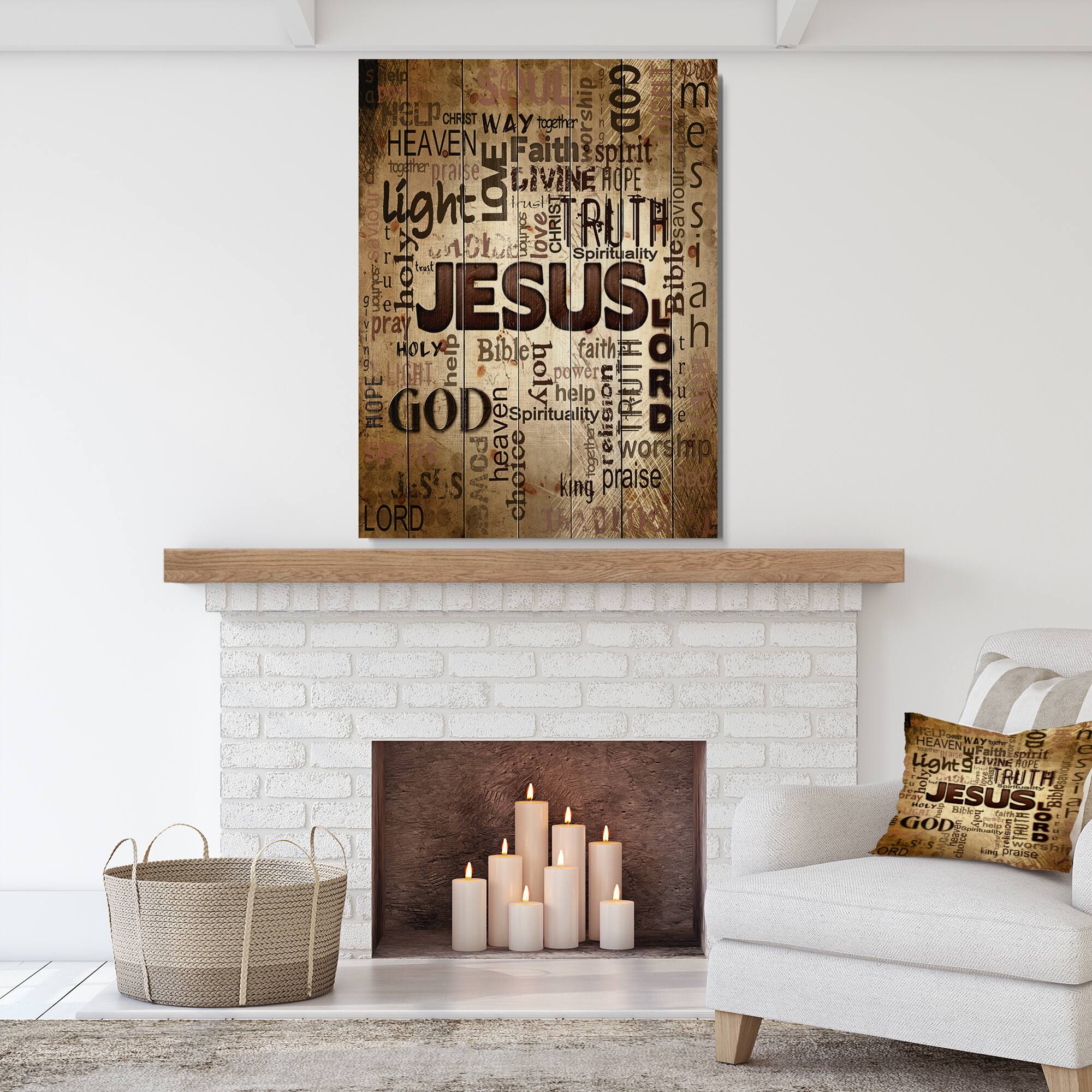 Designart - Jesus&#x27; word cloud in grunge background - Religious Contemporary Print on Natural Pine Wood