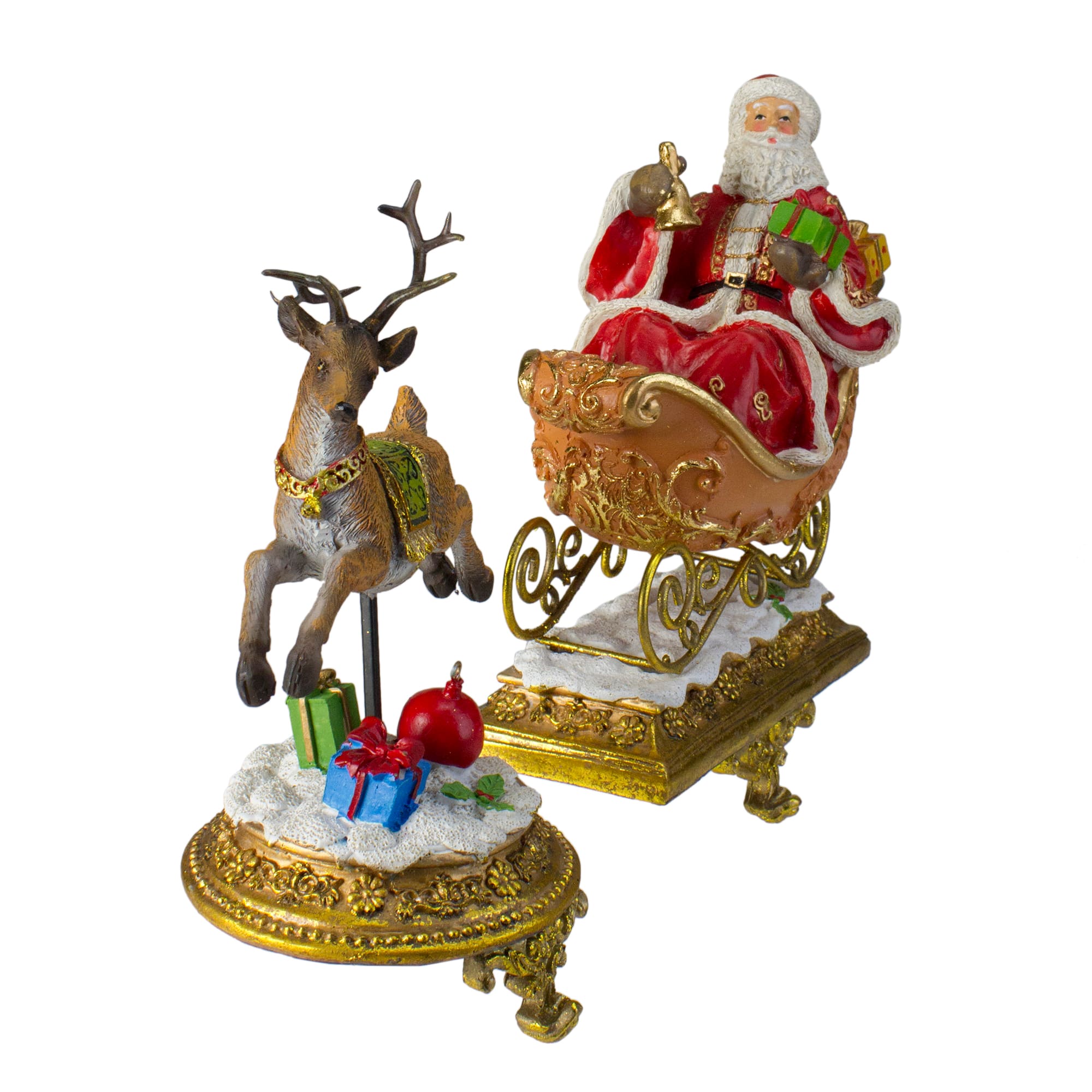 9.5" Gold Santa & Reindeer Glittered Christmas Stocking Holder Set