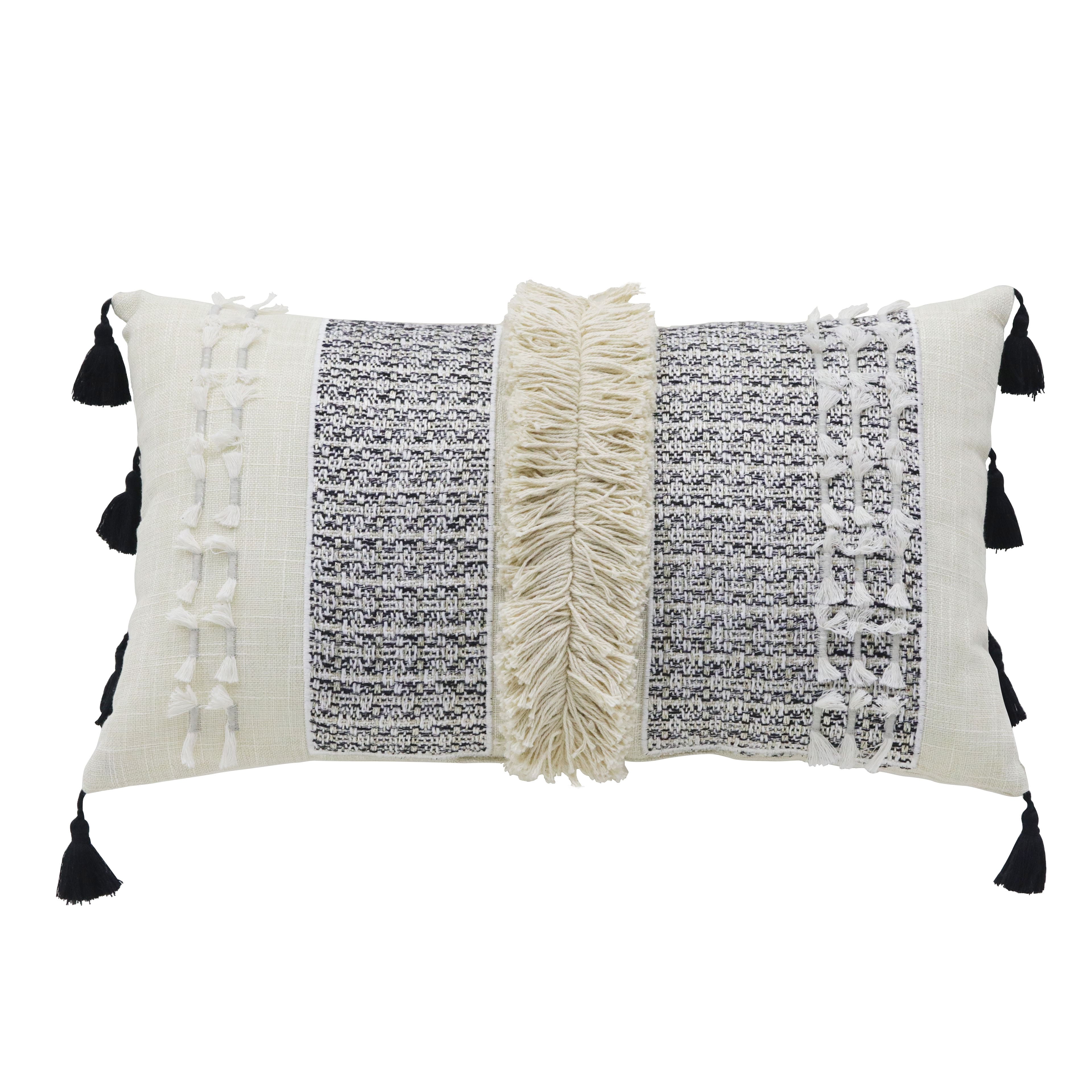 20&#x22; Black &#x26; White Tassel &#x26; Fringe Lumbar Accent Pillow by Ashland&#xAE;