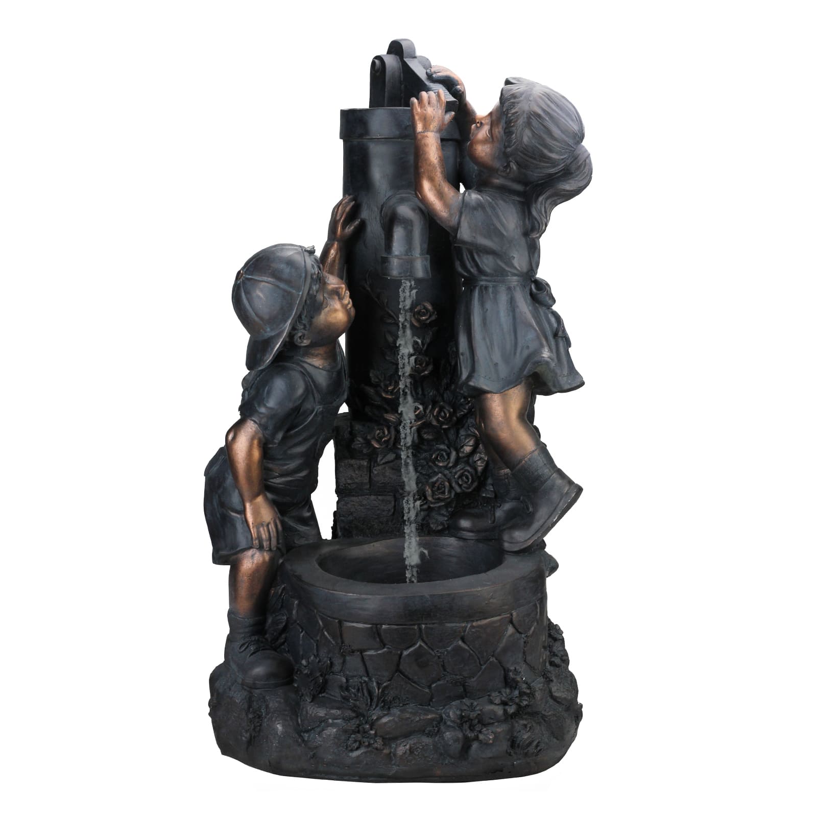 29" Bronze Children at the Water Pump Well Outdoor Garden Water Fountain