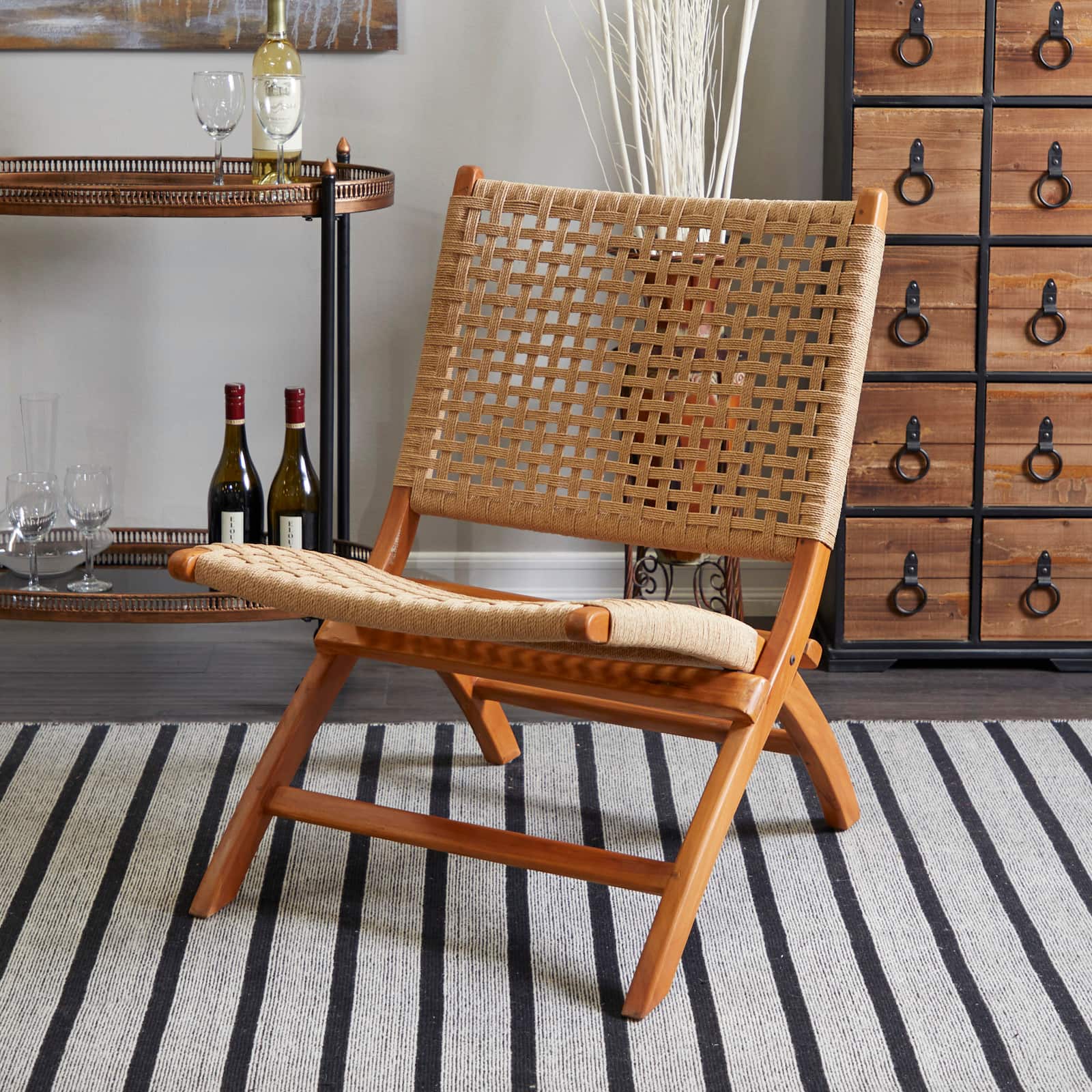 35" Brown Wood Handmade Woven Accent Chair