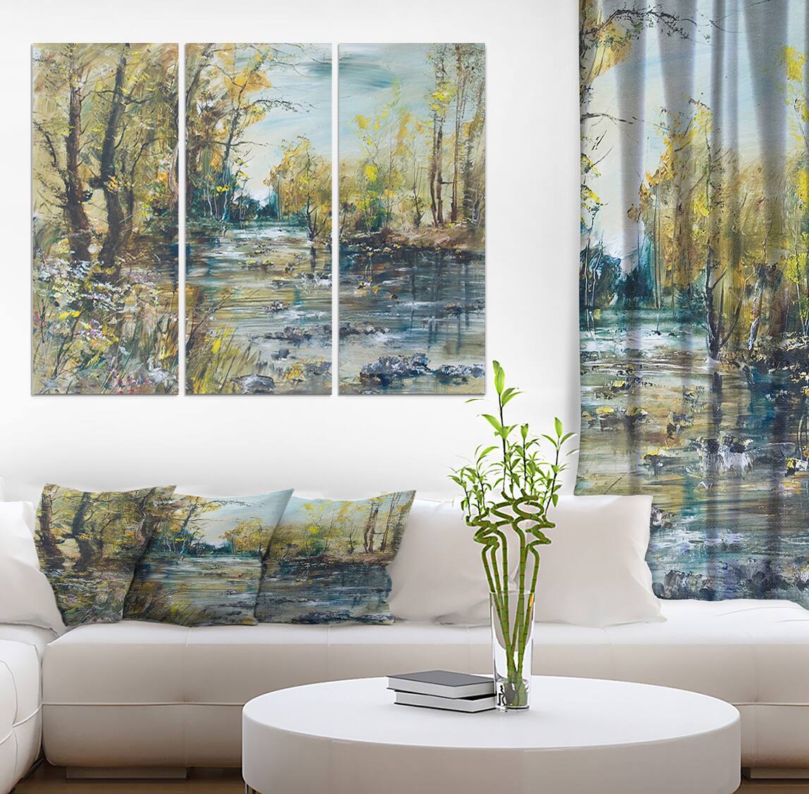 Designart - Rocky River in the Forest - Landscapes Painting Print on Wrapped Canvas set
