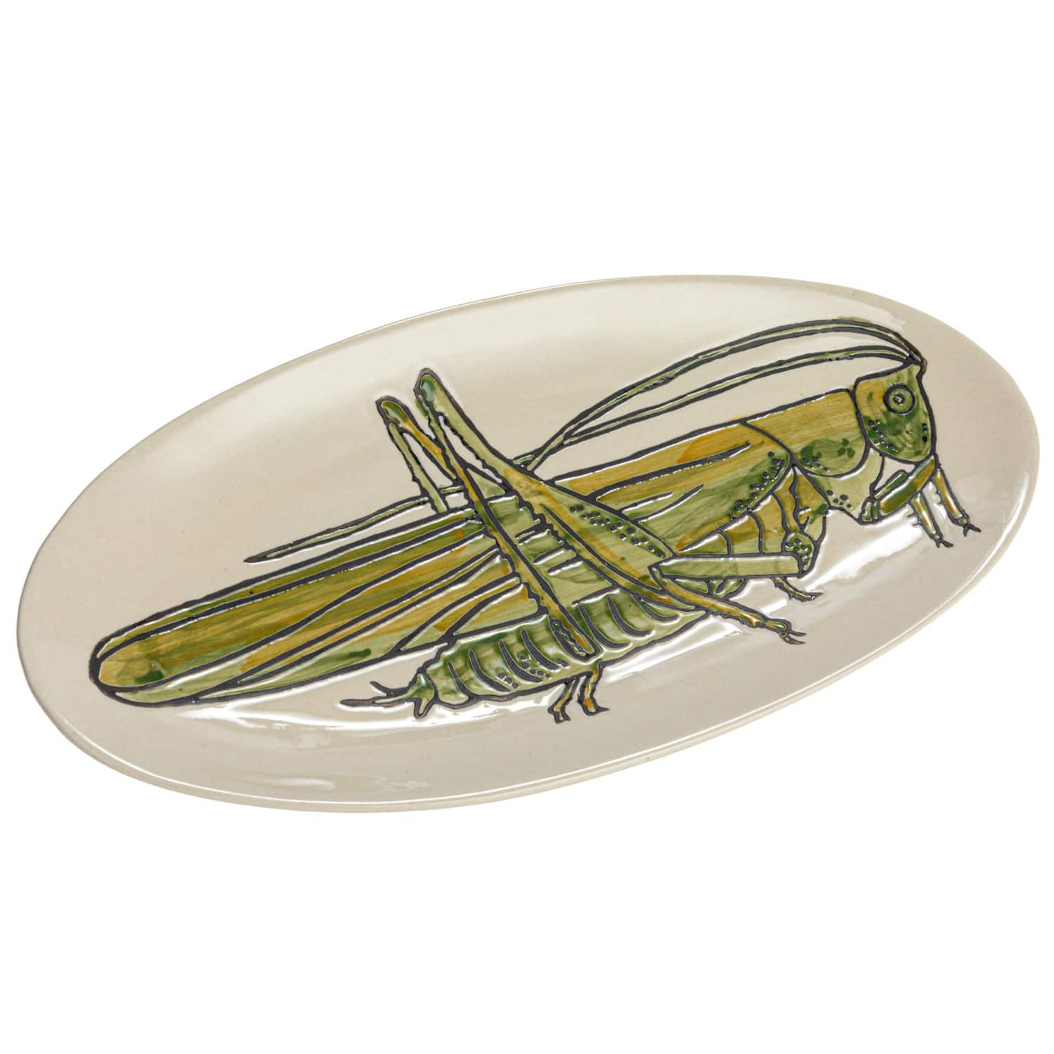 11.5&#x22; Green &#x26; White Hand-Painted Grasshopper Stoneware Plate