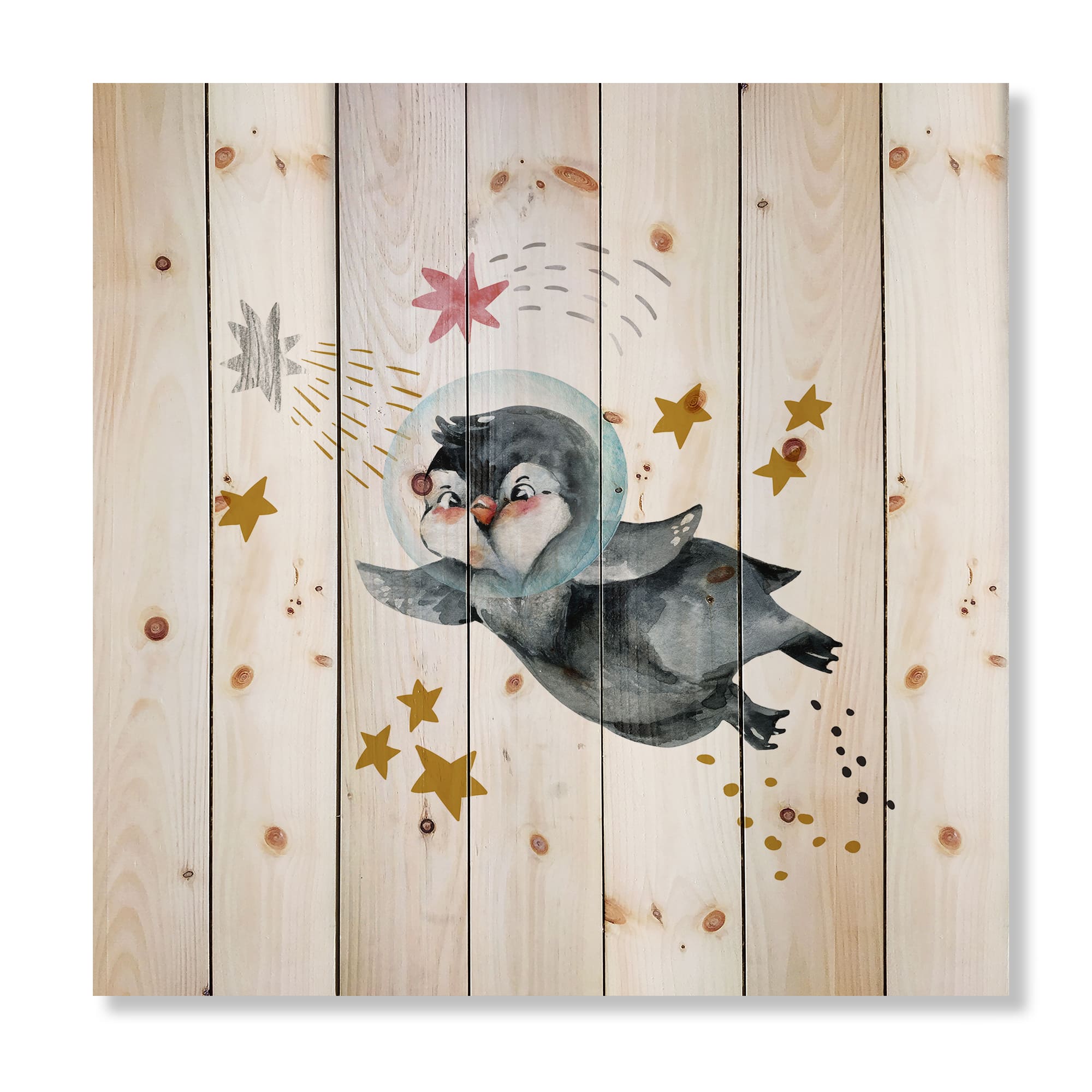 Designart - Little Penguin Flying Stars and Planets I - Farmhouse Print on Natural Pine Wood