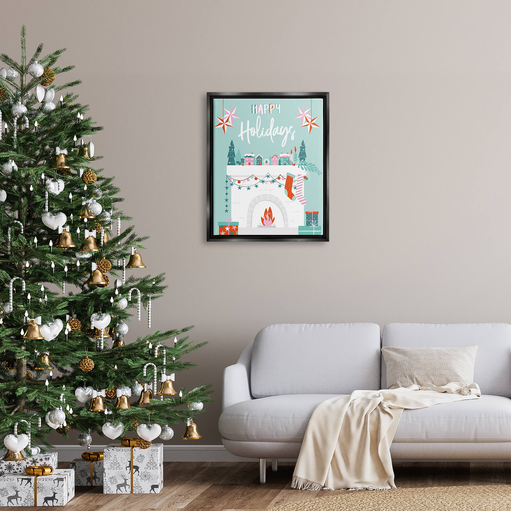 Stupell Industries Happy Holidays Festive Mantel Stockings Framed Floater Canvas Wall Art