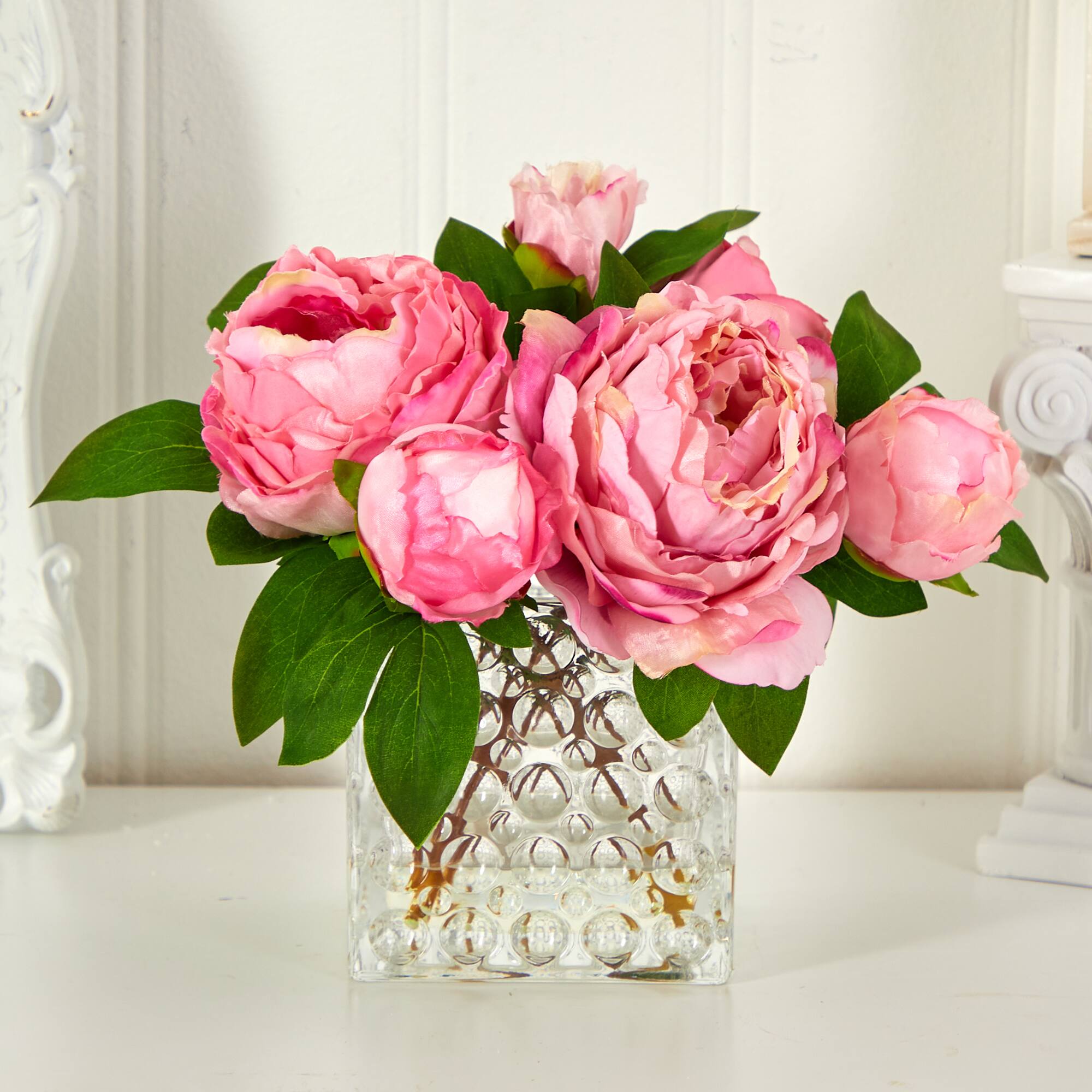 8.5&#x22; Pink Peony In Square Textured Glass Vase