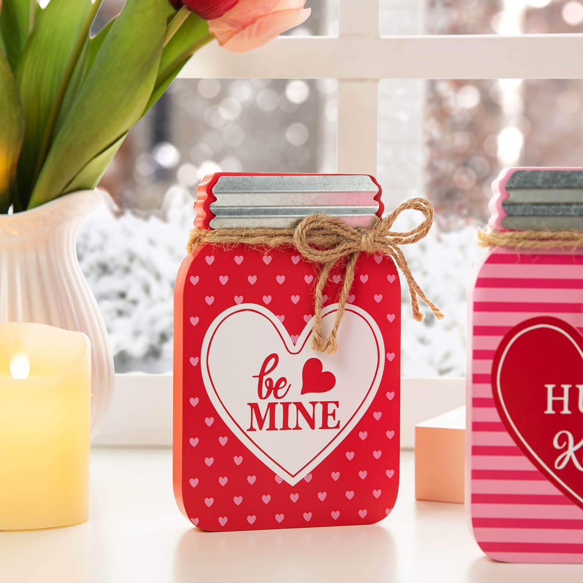 Glitzhome&#xAE; 7&#x22; Set of 3 Valentine&#x27;s Wooden Mason Jar Table Decor