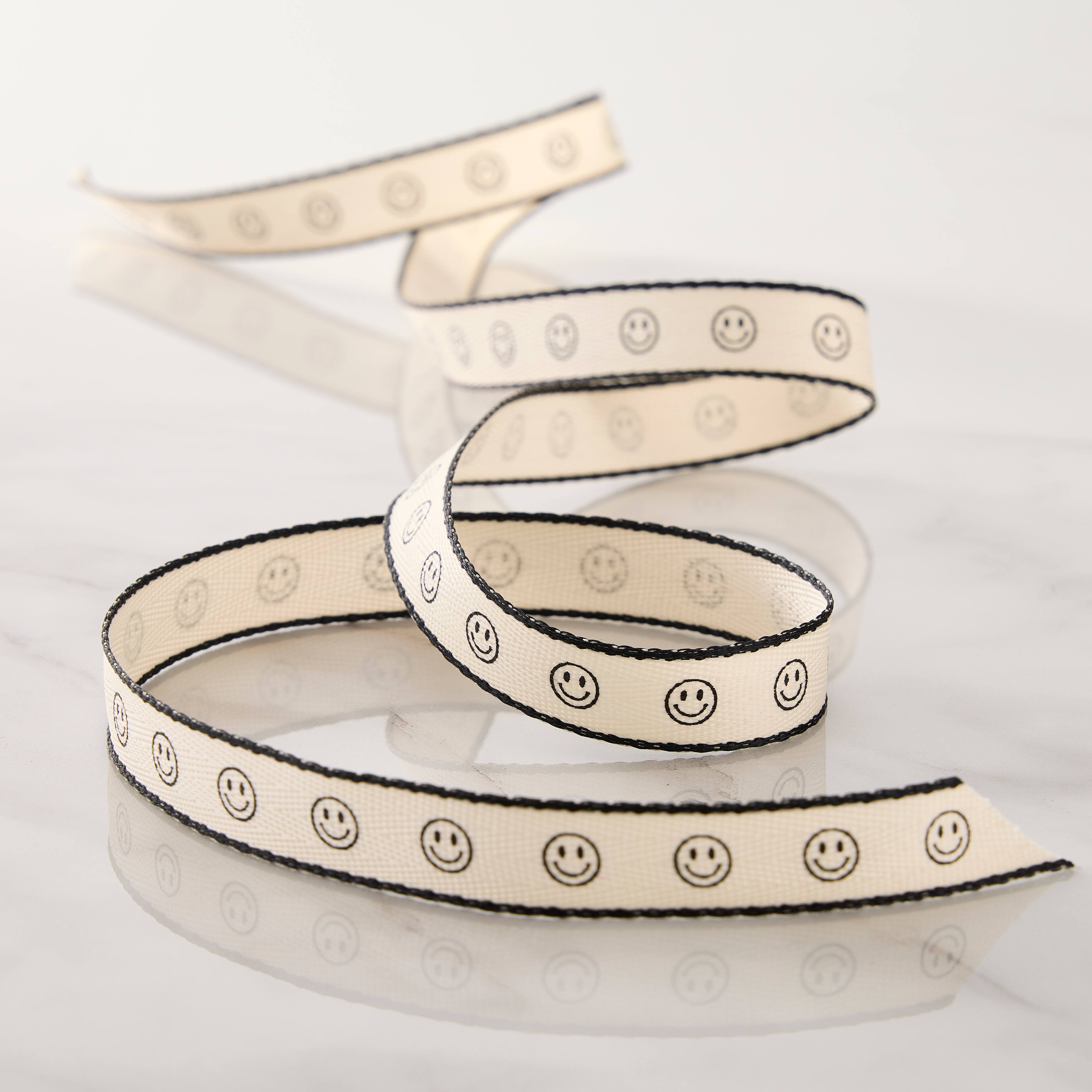 5/8&#x22; x 7yd. Black Smiley Face Faux Linen Ribbon by Celebrate It&#xAE; Classic