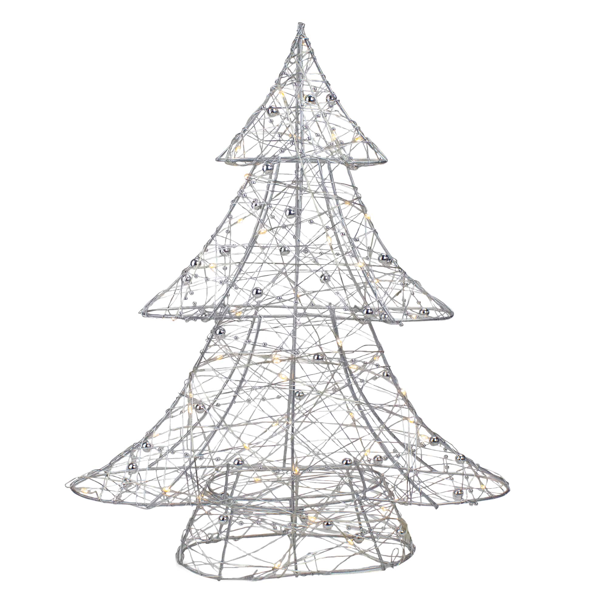 15.25" LED Silver Lighted Wire and Bead Decoration Christmas Tree, Warm White Lights