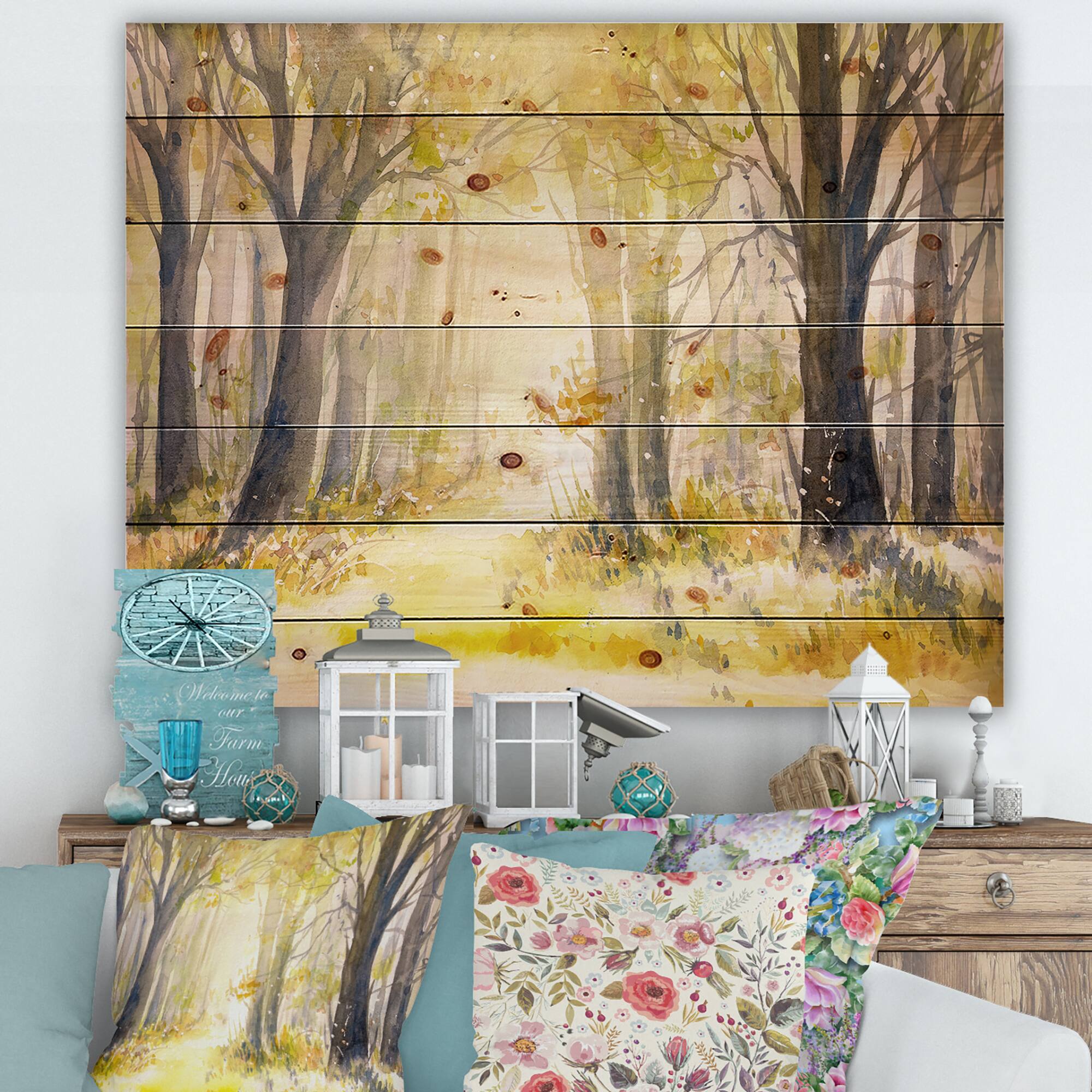 Designart - Bright Sunshine Through The Forest Trees I - Traditional Print on Natural Pine Wood