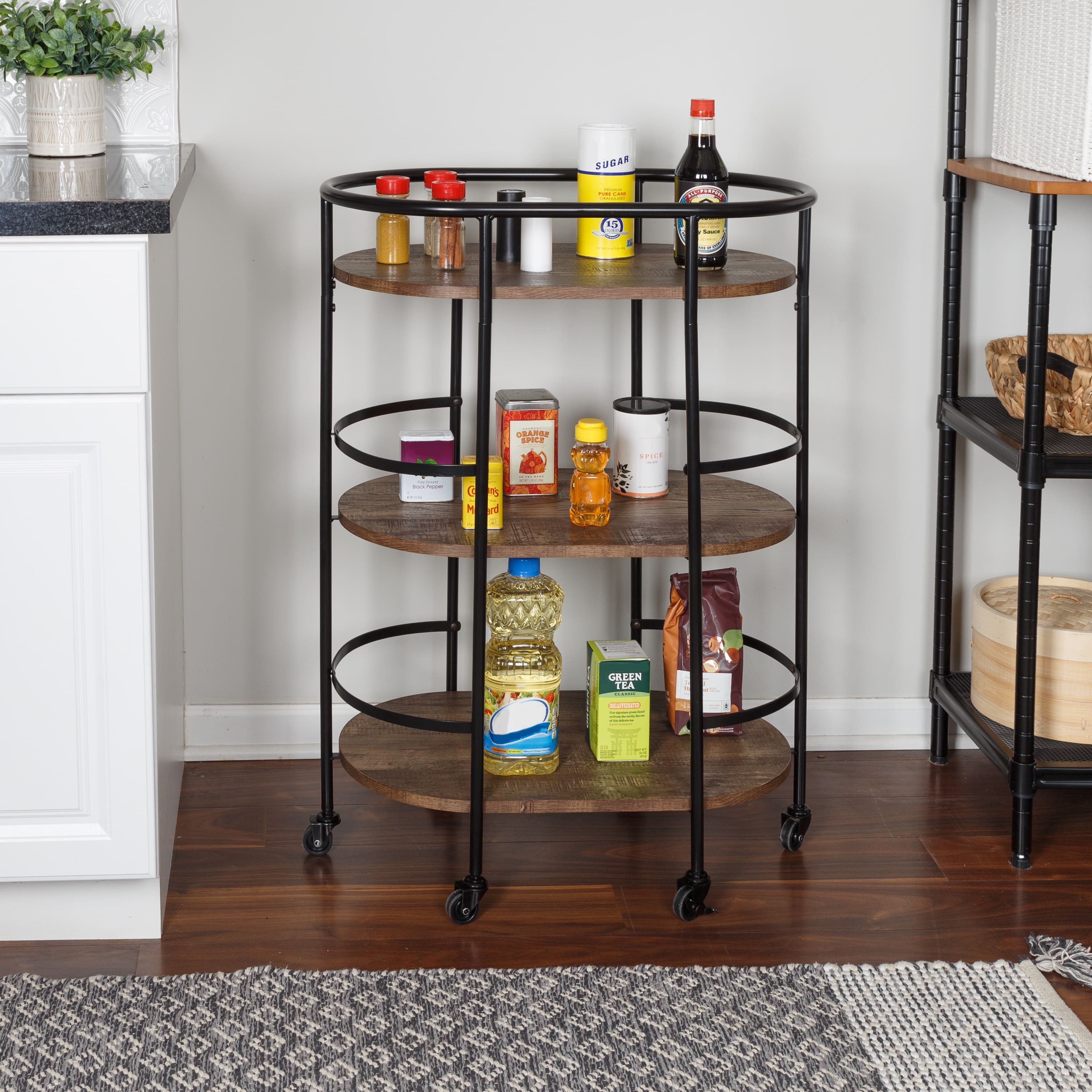 Honey Can Do 3-Tier Black &#x26; Rustic Brown Rolling Bar &#x26; Serving Cart