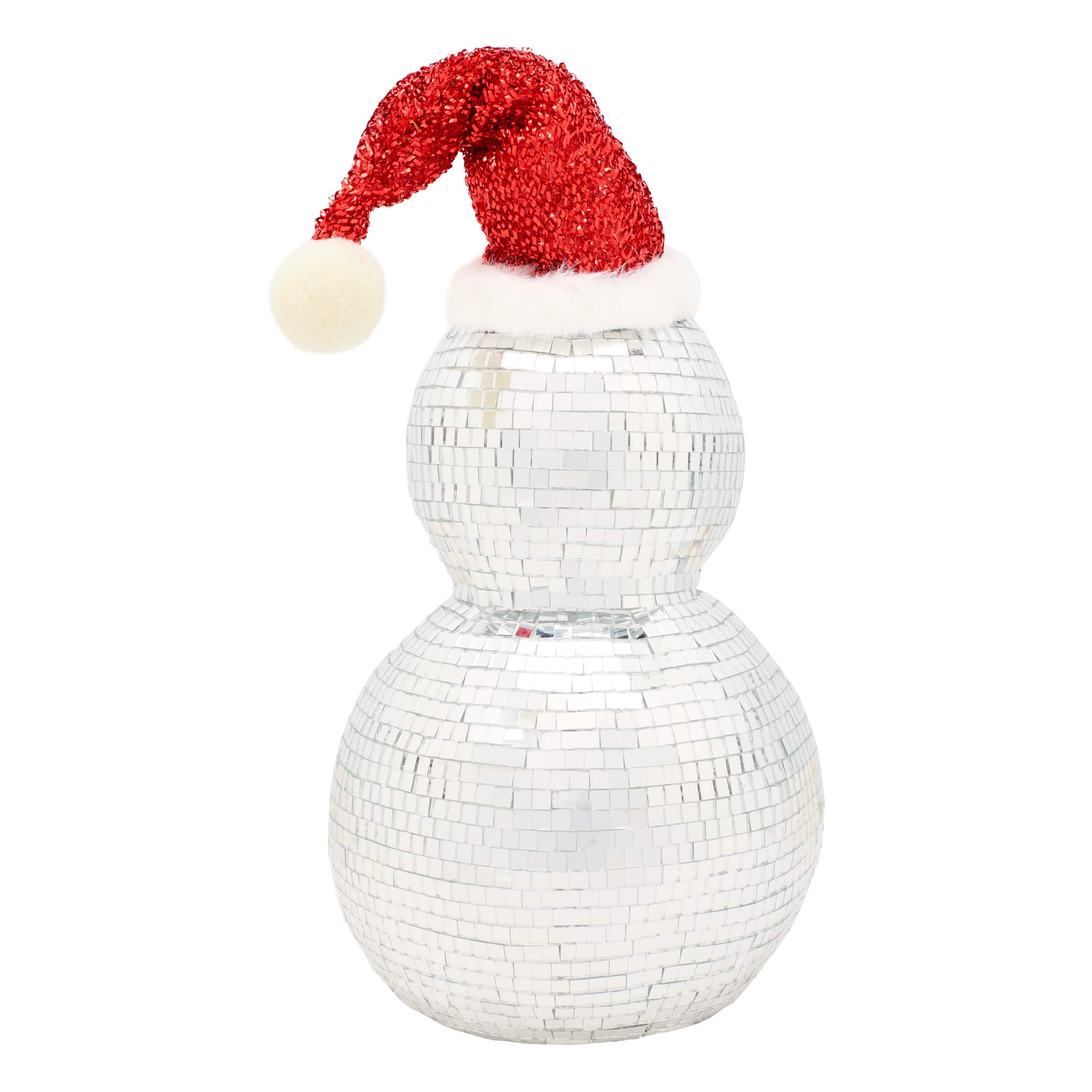 12&#x22; Disco Ball Snowman with Red Santa Hat