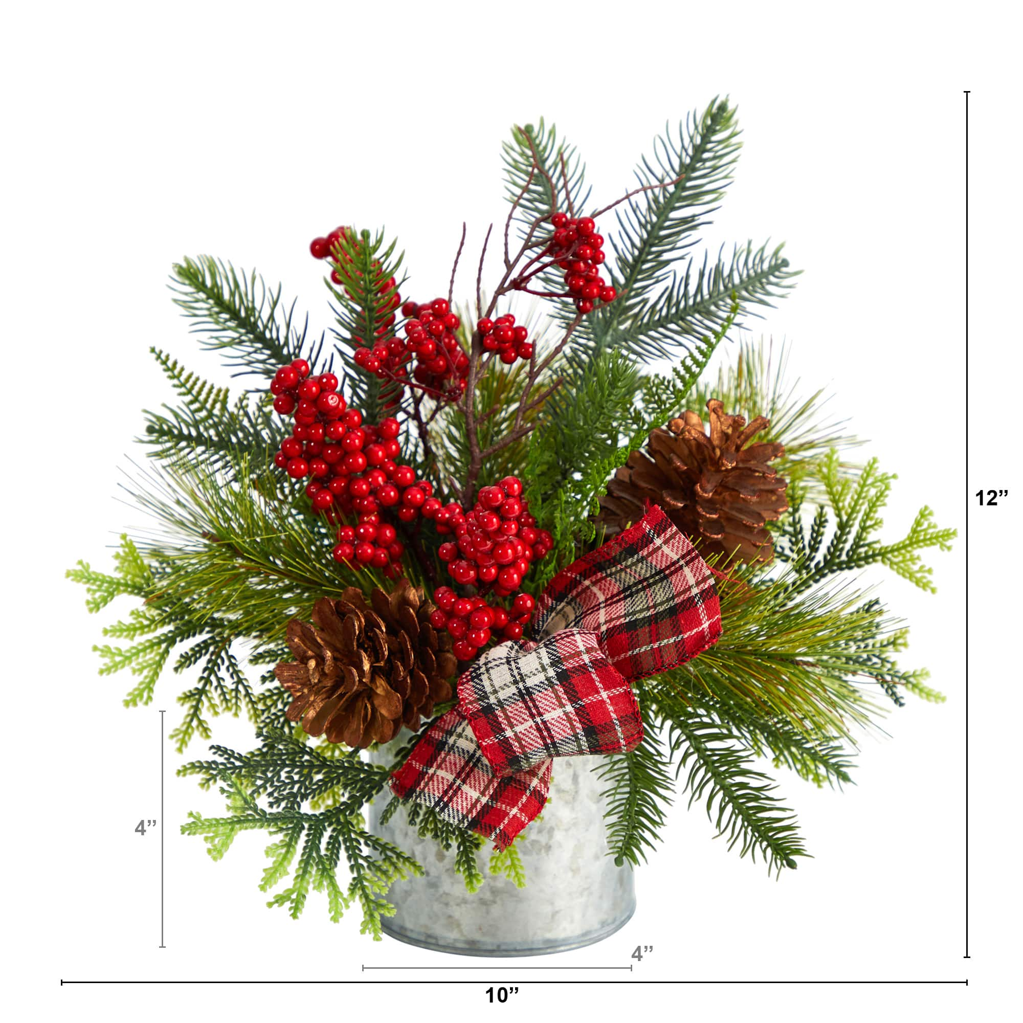 12&#x22; Holiday Winter Pinecones, Berries, Greenery &#x26; Plaid Bow Arrangement