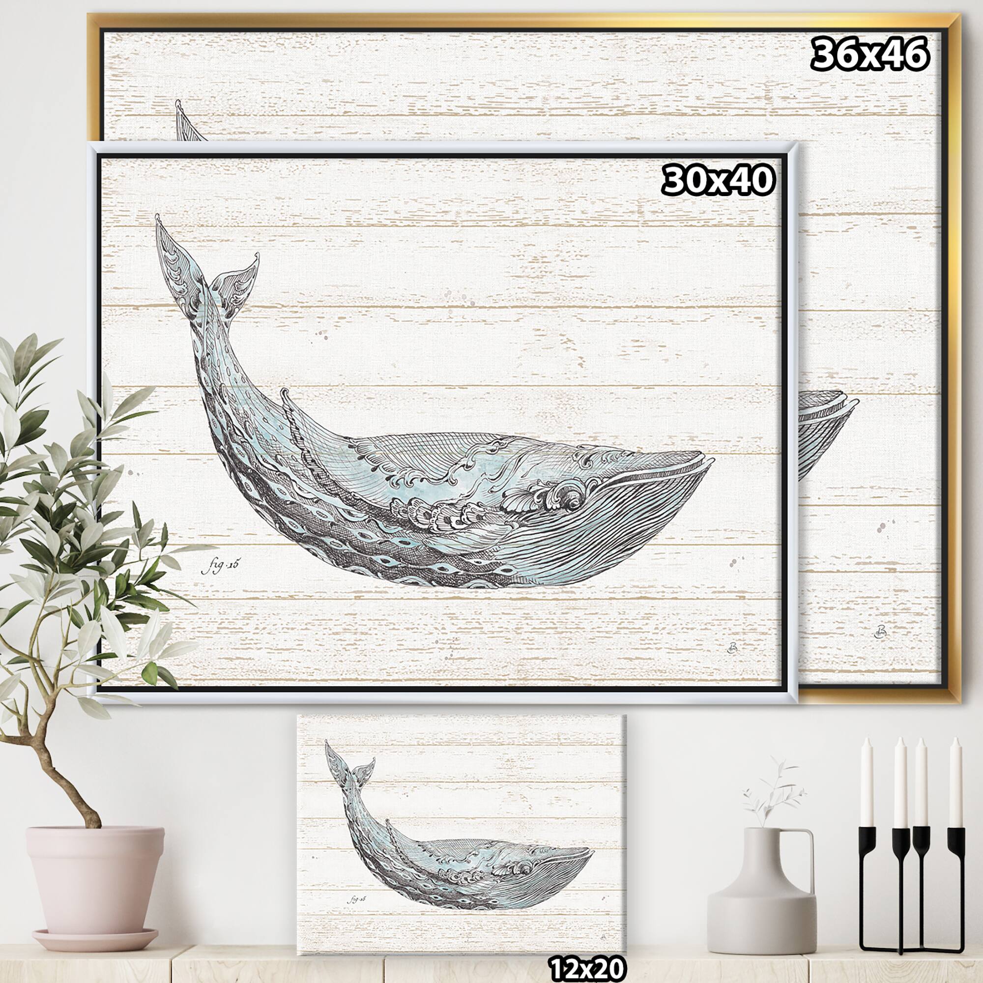 Designart - Blue Whale Handpainted Watercolor - Nautical &#x26; Coastal Canvas in Gold Frame