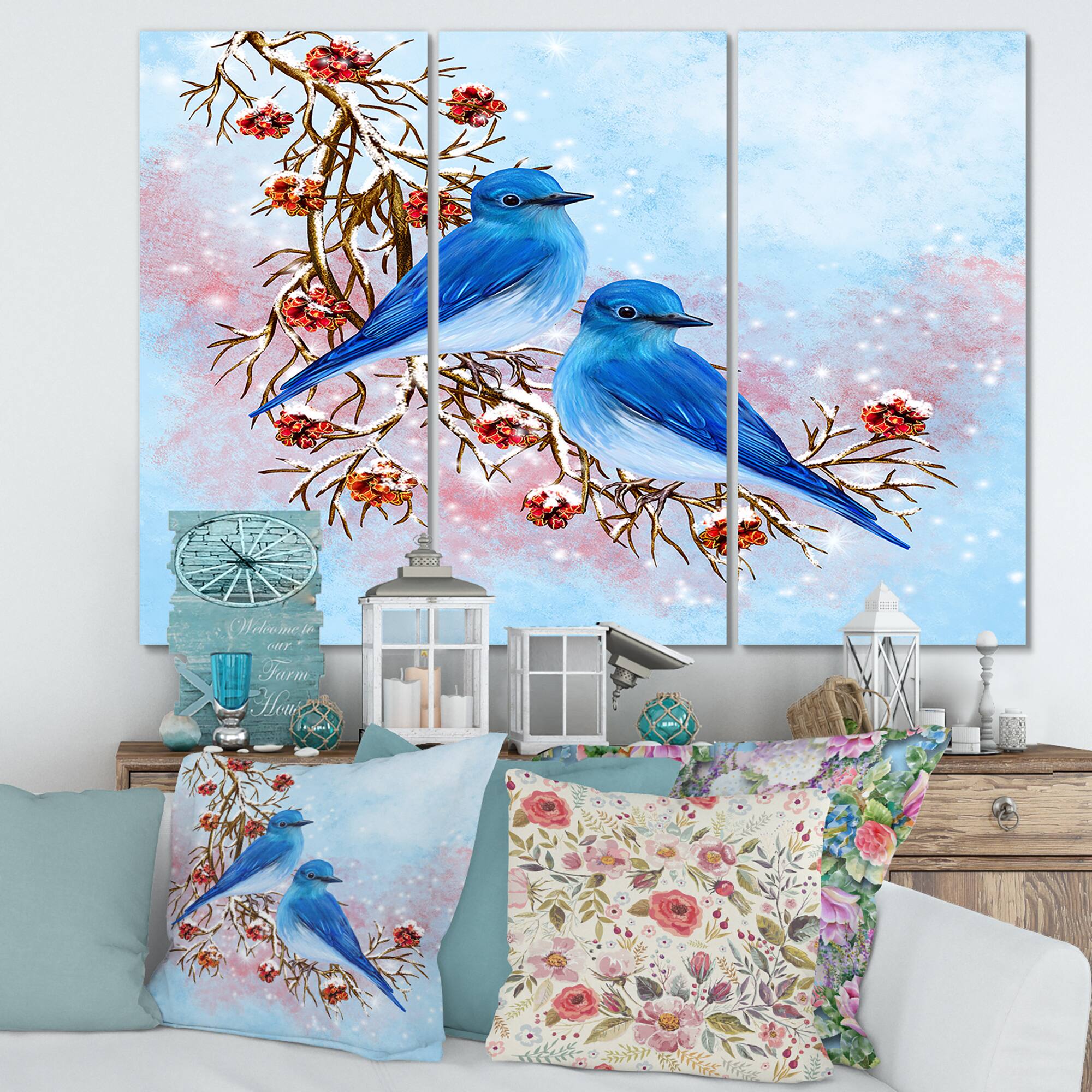 Designart - Two Blue Birds Sitting On A Branch With Berries