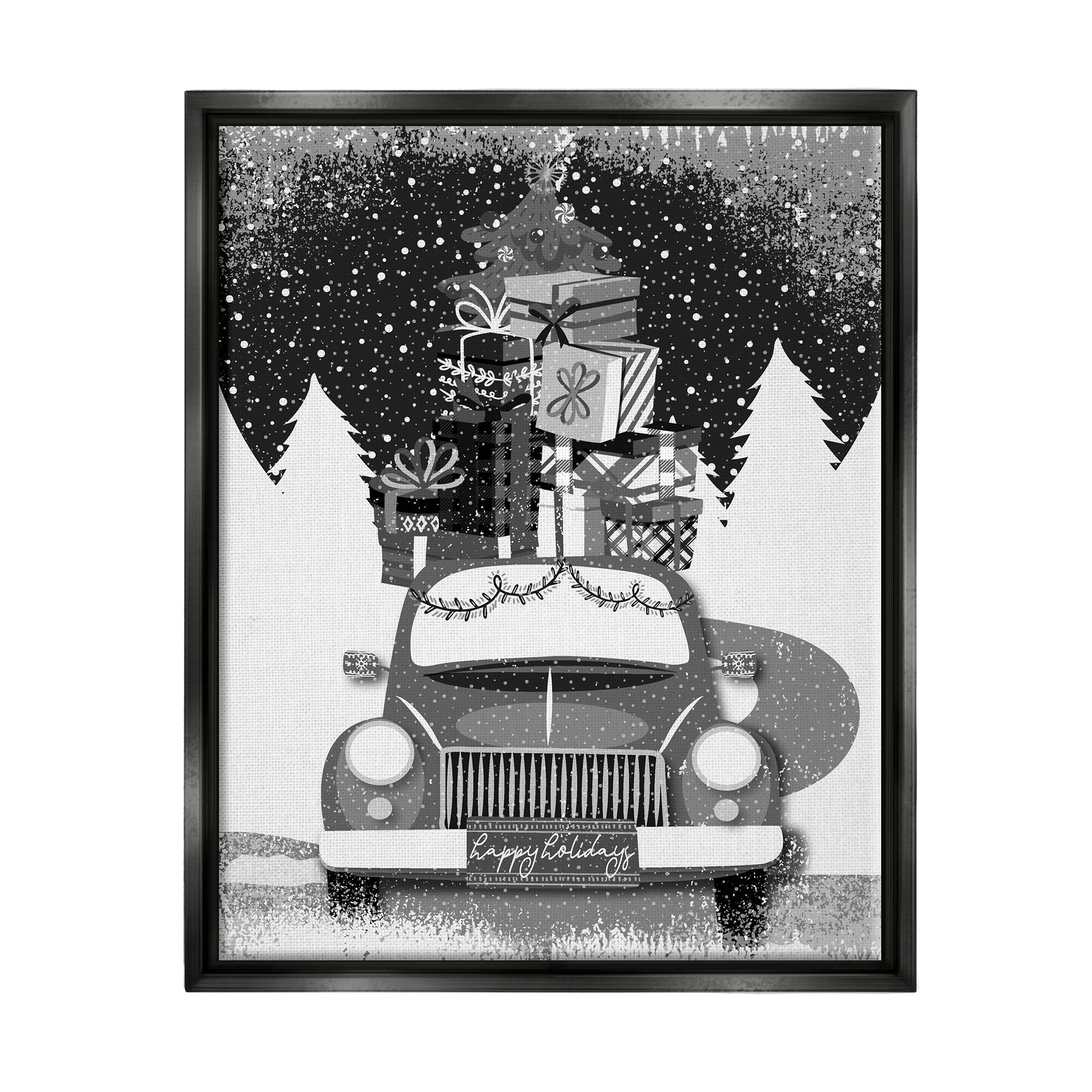 Stupell Industries Happy Holidays Gifts Car Framed Floater Canvas Wall Art