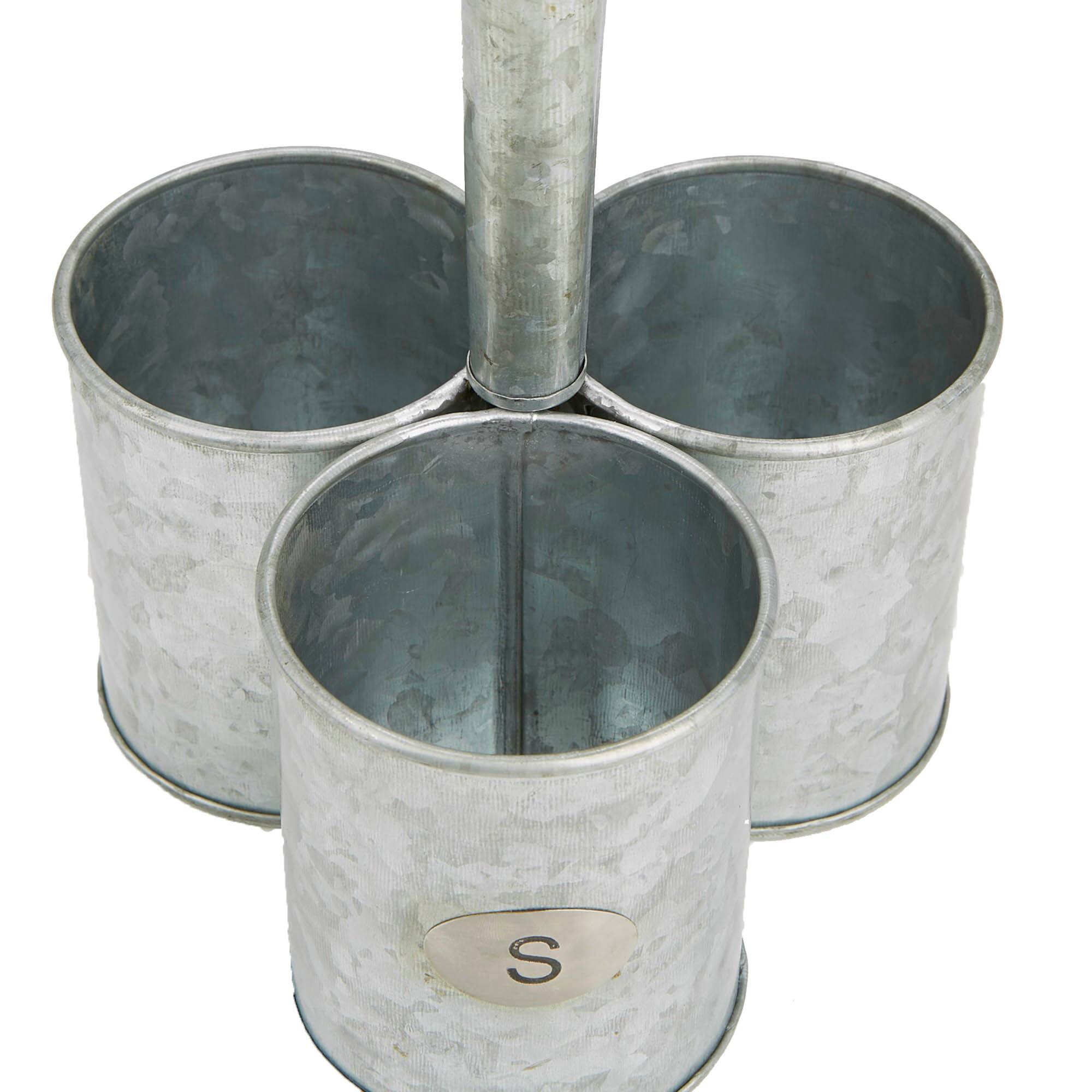 Mind Reader Silver 3-Section Round Galvanized Steel Utensil Holder with Handle