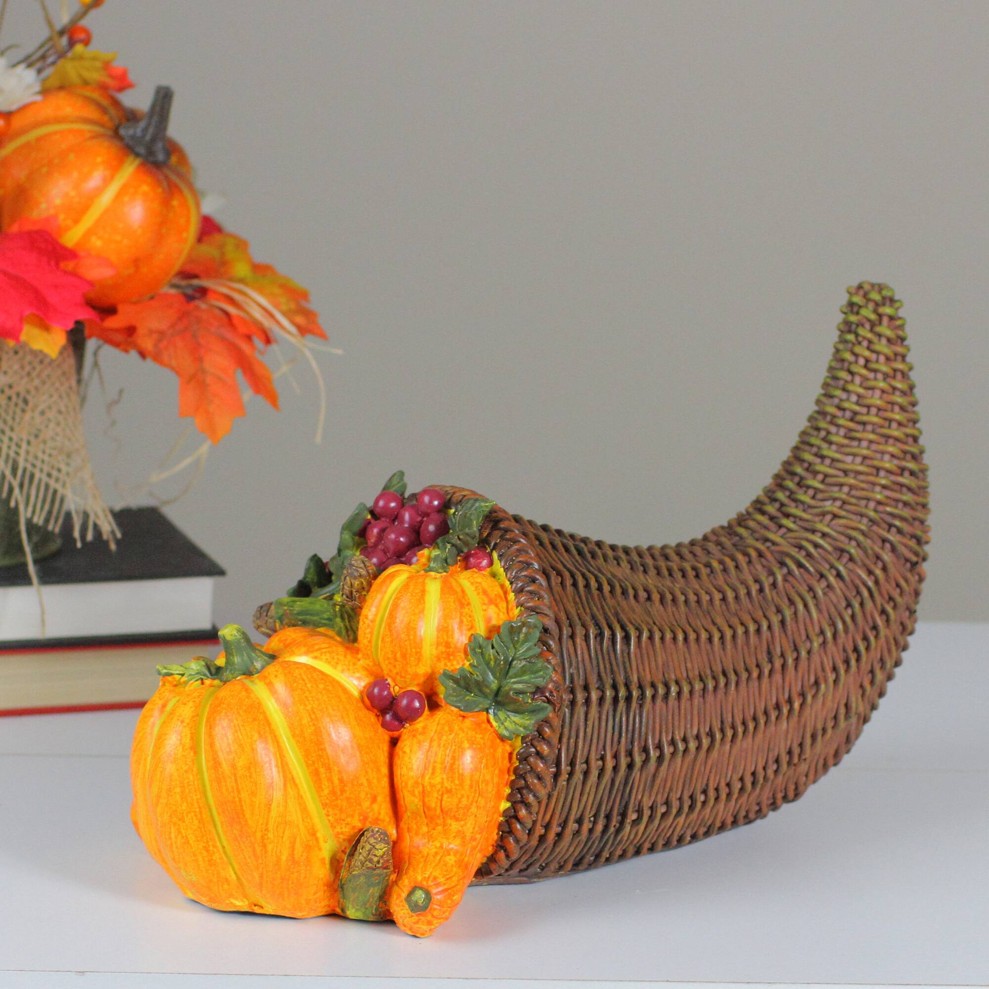 13&#x22; Brown &#x26; Orange Basket with Pumpkins Tabletop D&#xE9;cor