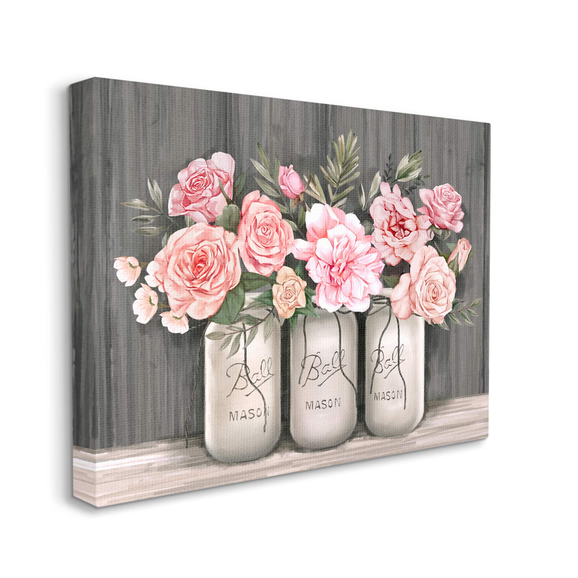 Stupell Industries Blossoming Pink Roses in Rustic Country Jars Canvas Wall Art