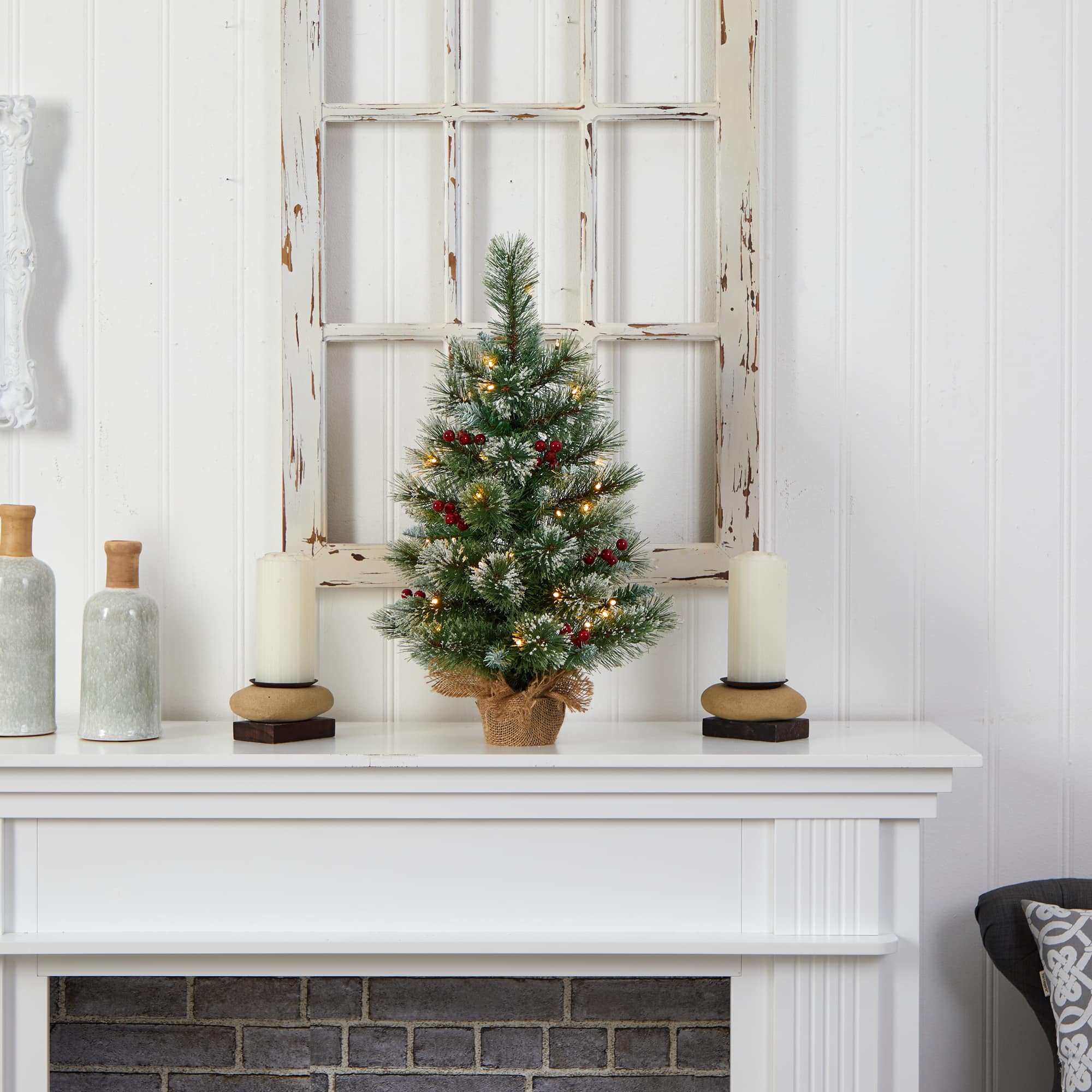 2ft. Pre-Lit Flocked Pine &#x26; Berry Artificial Christmas Tree in Burlap Base, Warm White LED Lights