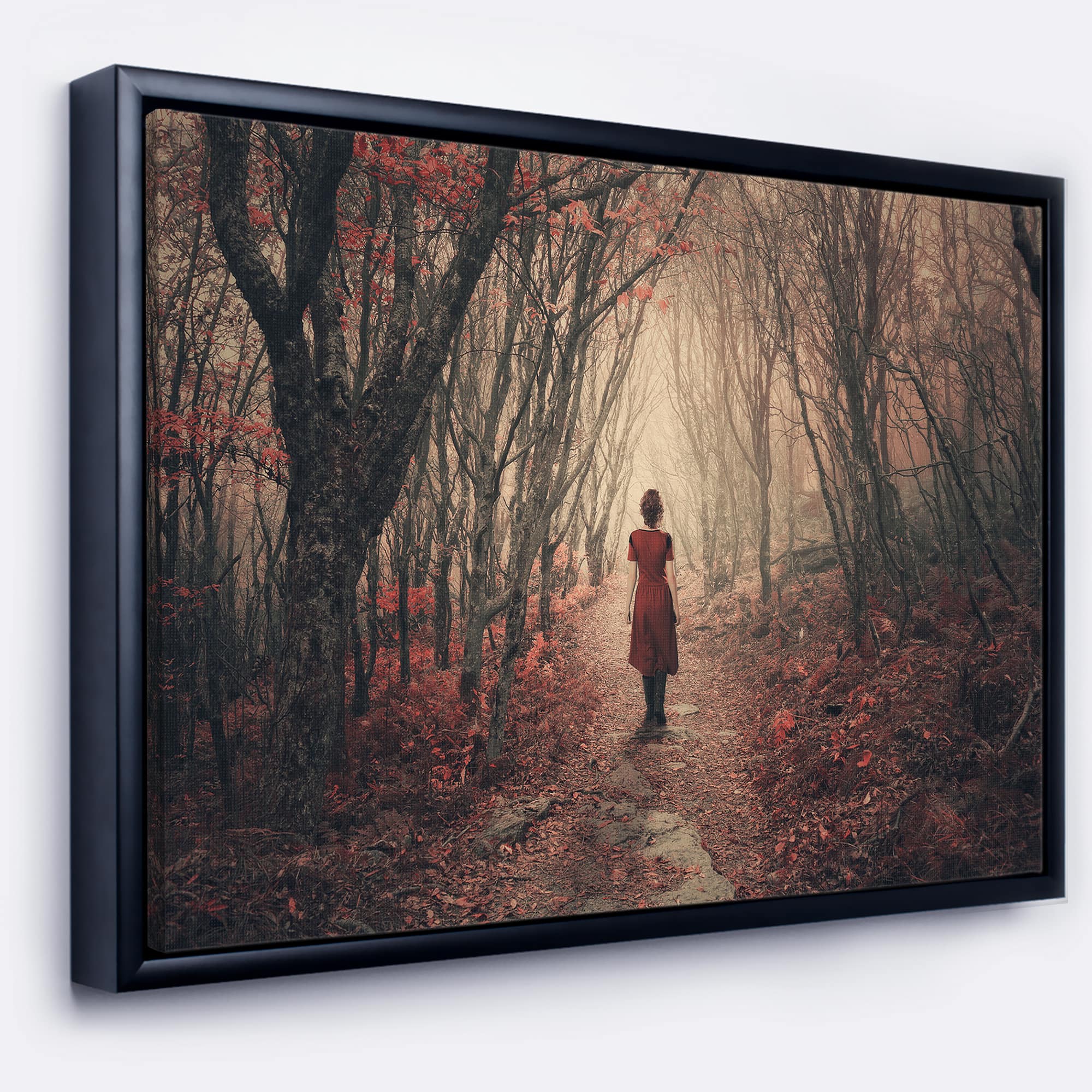 Designart - Woman in Frosty Forest - Landscape Photography Canvas Print in Black Frame