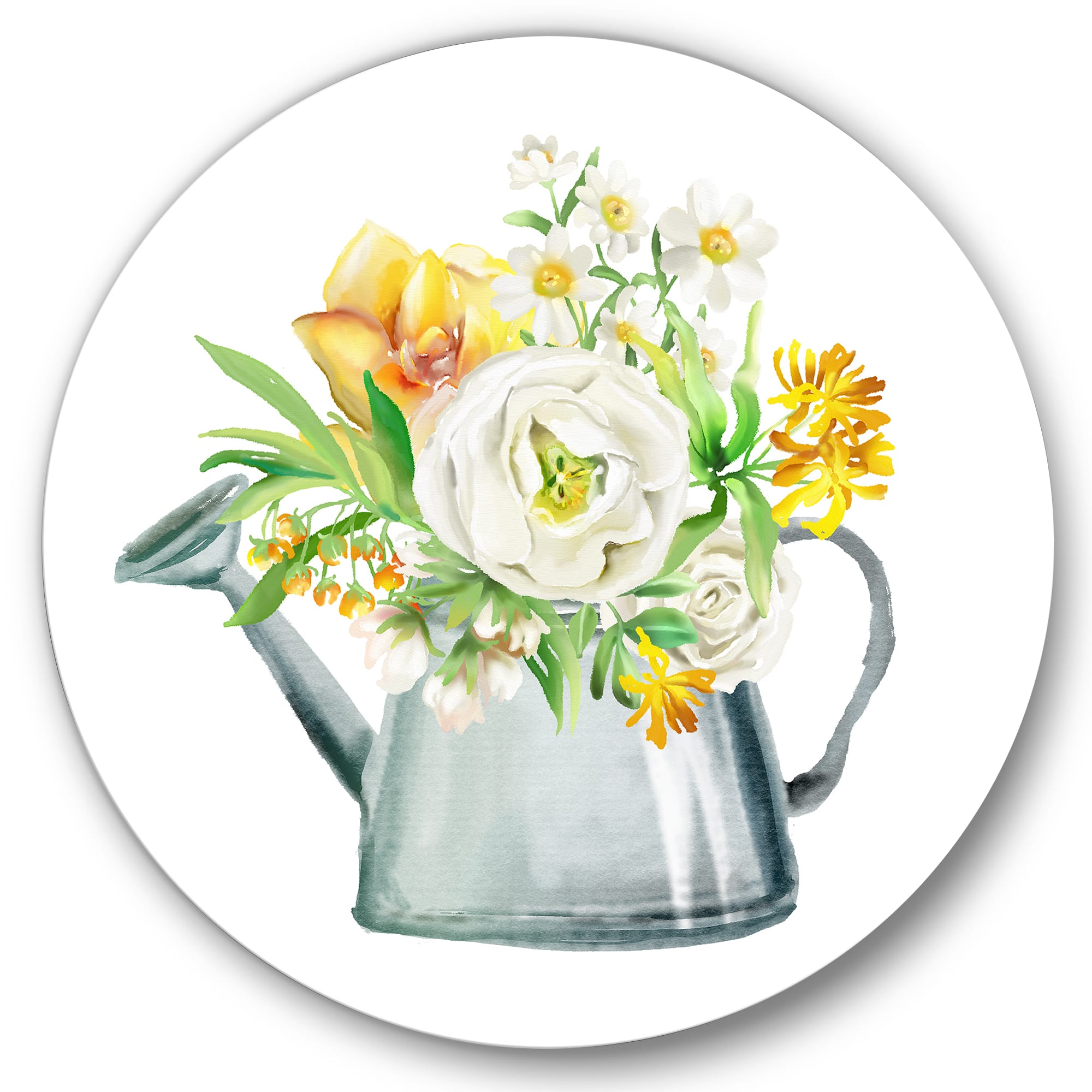 Designart - Roses Peonies &#x26; Marigolds In Garden Watering Can - Farmhouse Metal Circle Wall Art