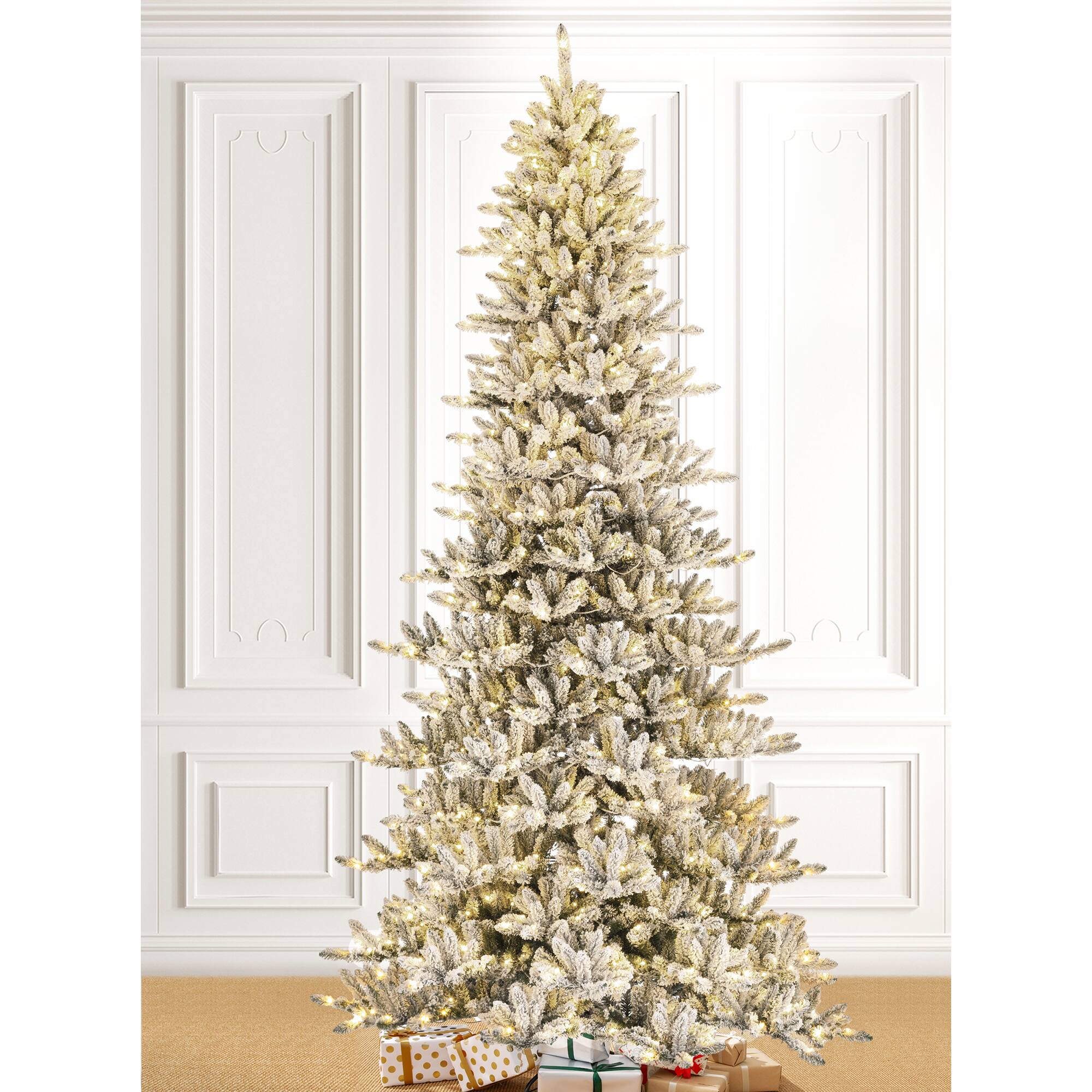 11ft. Pre-Lit Flocked Fir Slim Artificial Christmas Tree, Warm White LED Lights