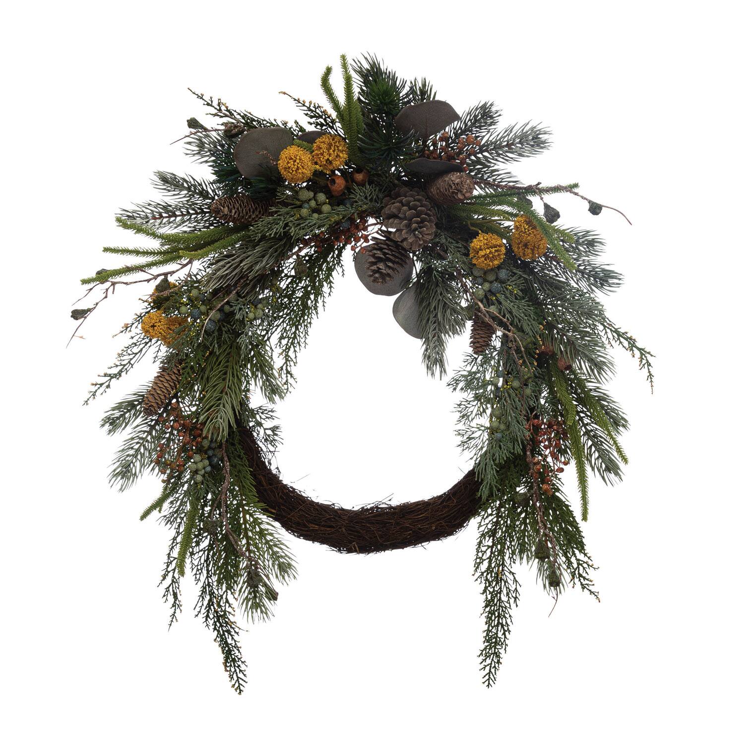 Hello Honey&#xAE; 28&#x22; Dark Green &#x26; Yellow Evergreen Wreath with Pinecones, Berries &#x26; Pods