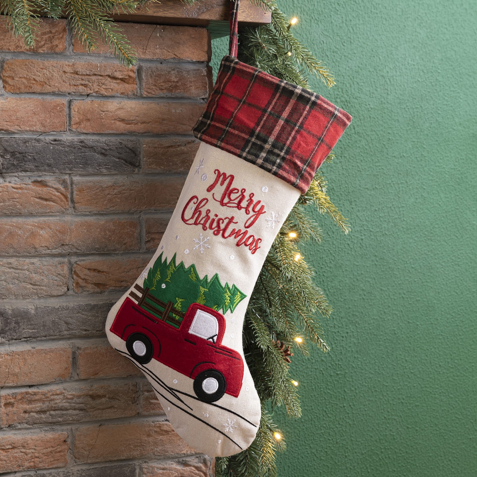 Glitzhome&#xAE; 21&#x22; Embroidered Red Truck Linen Christmas Stocking