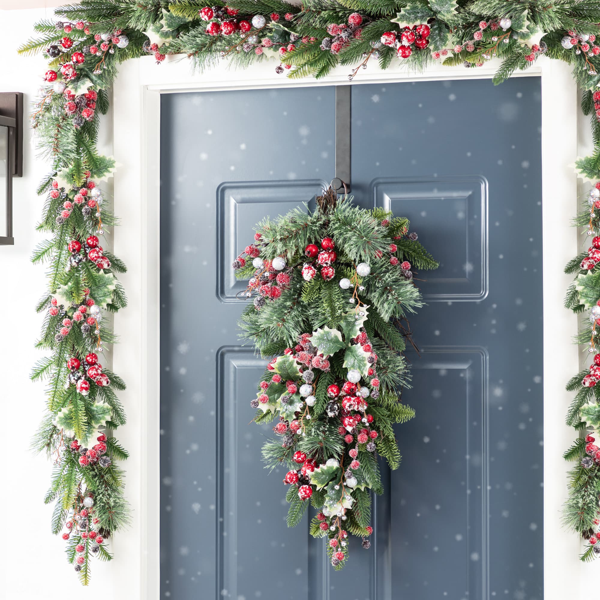 Glitzhome&#xAE; 28&#x22;H Christmas Red Pomegranate Berry &#x26; Holy Leaf Teardrop