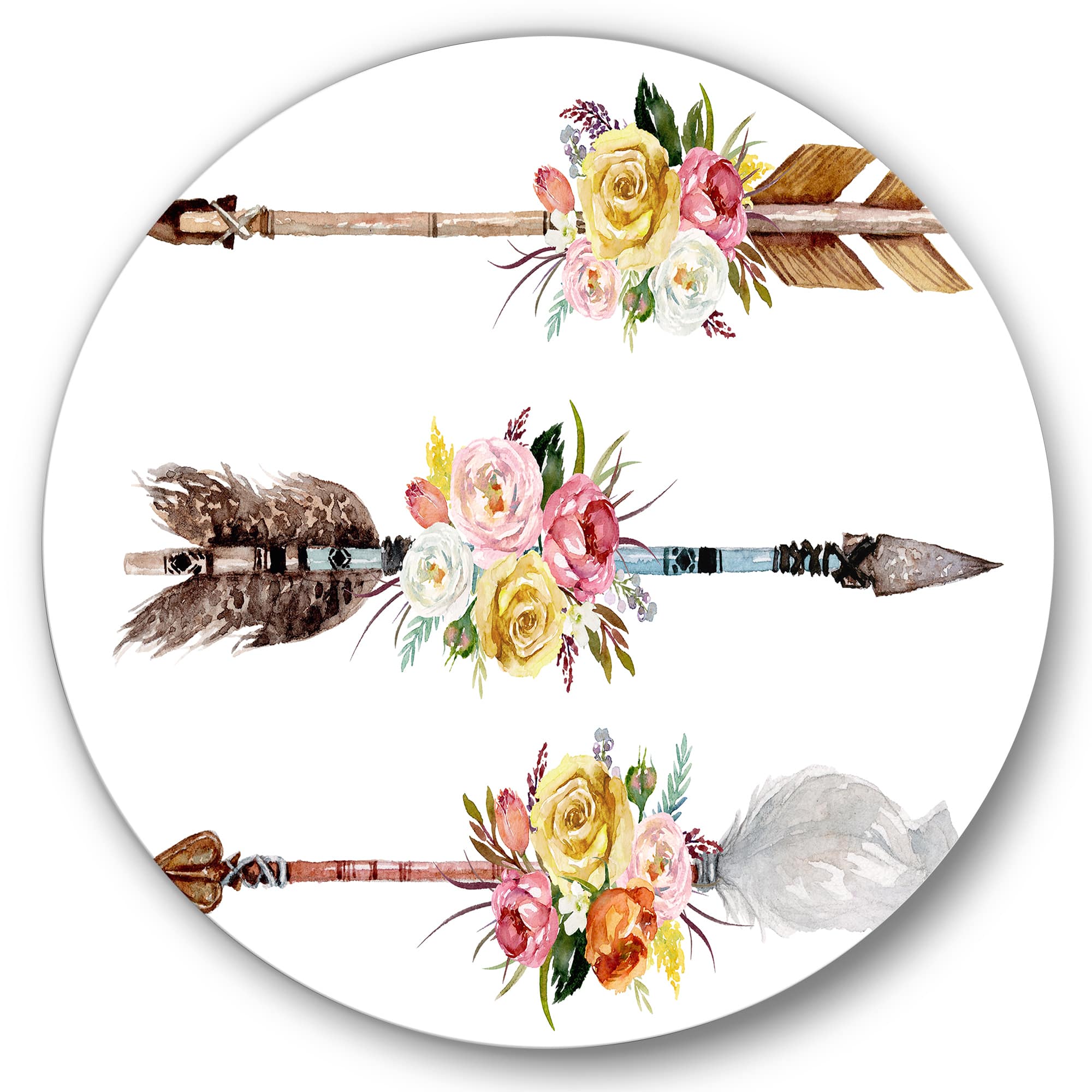 Designart - Ethnic Feathers and Flowers On Native Arrows II - Bohemian & Eclectic Metal Circle Wall Art