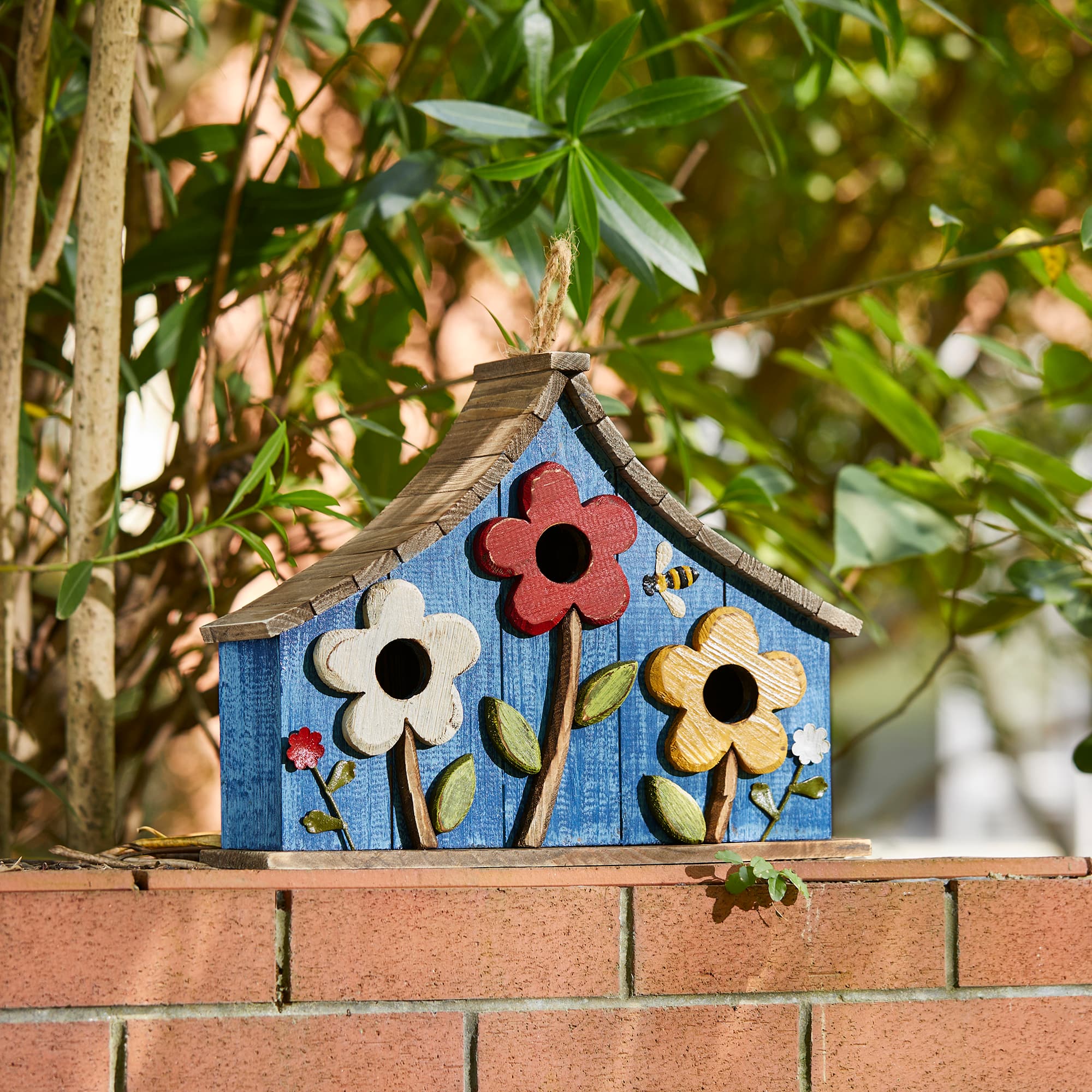 Glitzhome&#xAE; 15&#x22; Blue Distressed Wood Birdhouse with Flowers