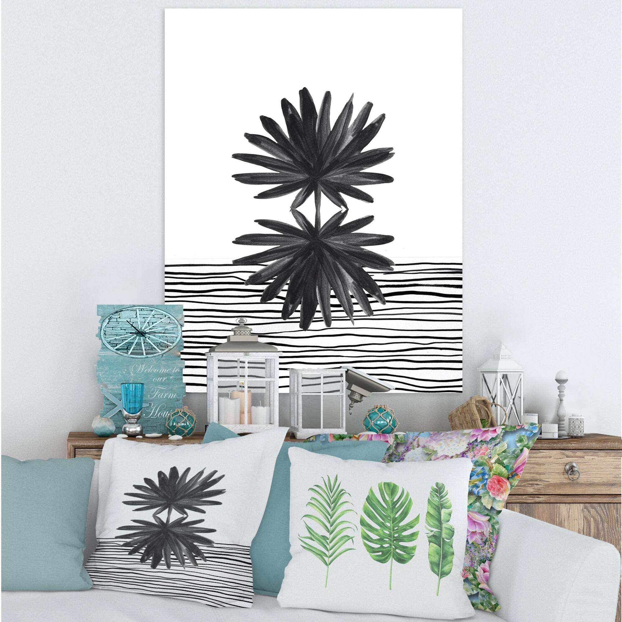 Designart - Black and White Tropical Leaf On Striped II