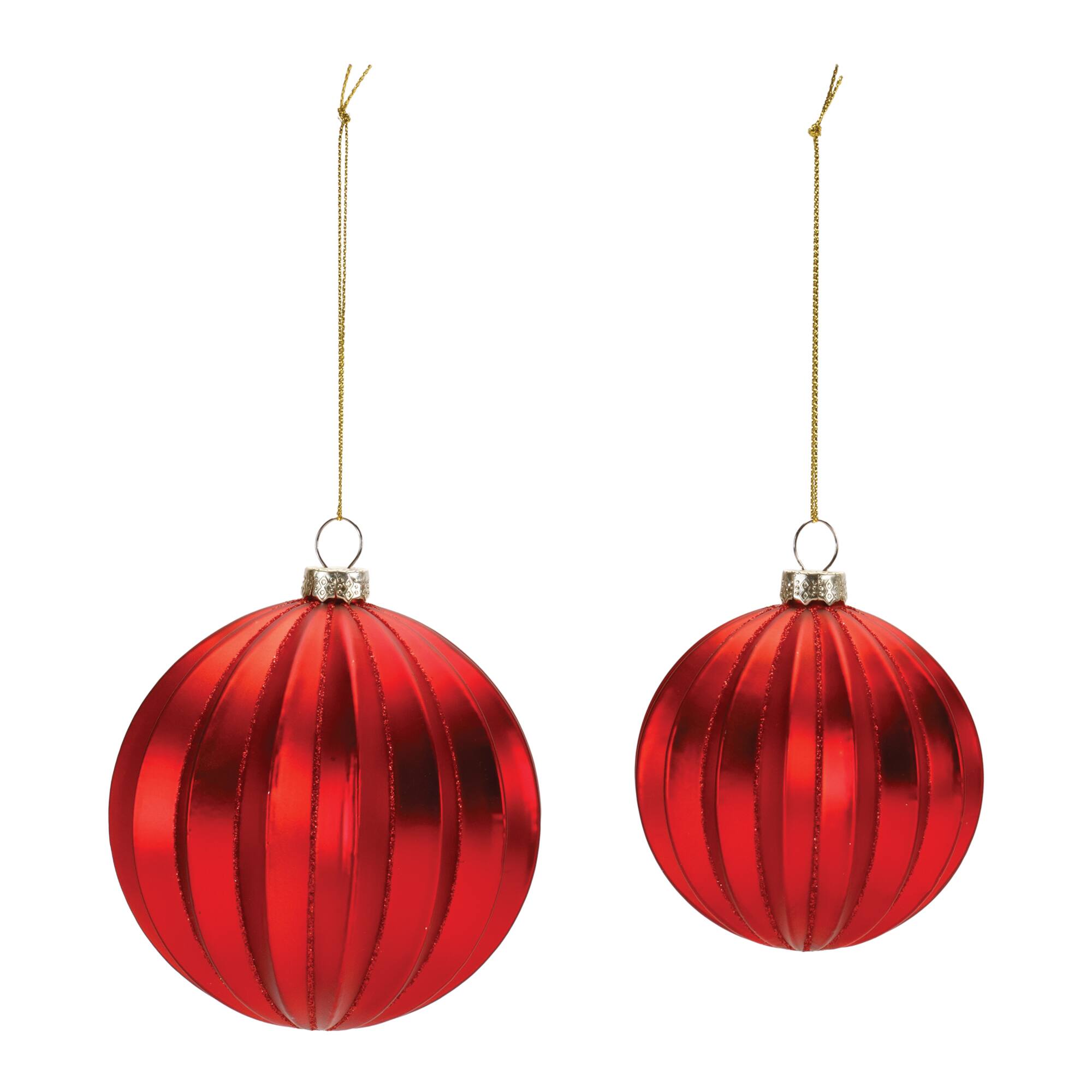 Red Glitter Ribbed Glass Ball Ornaments Set