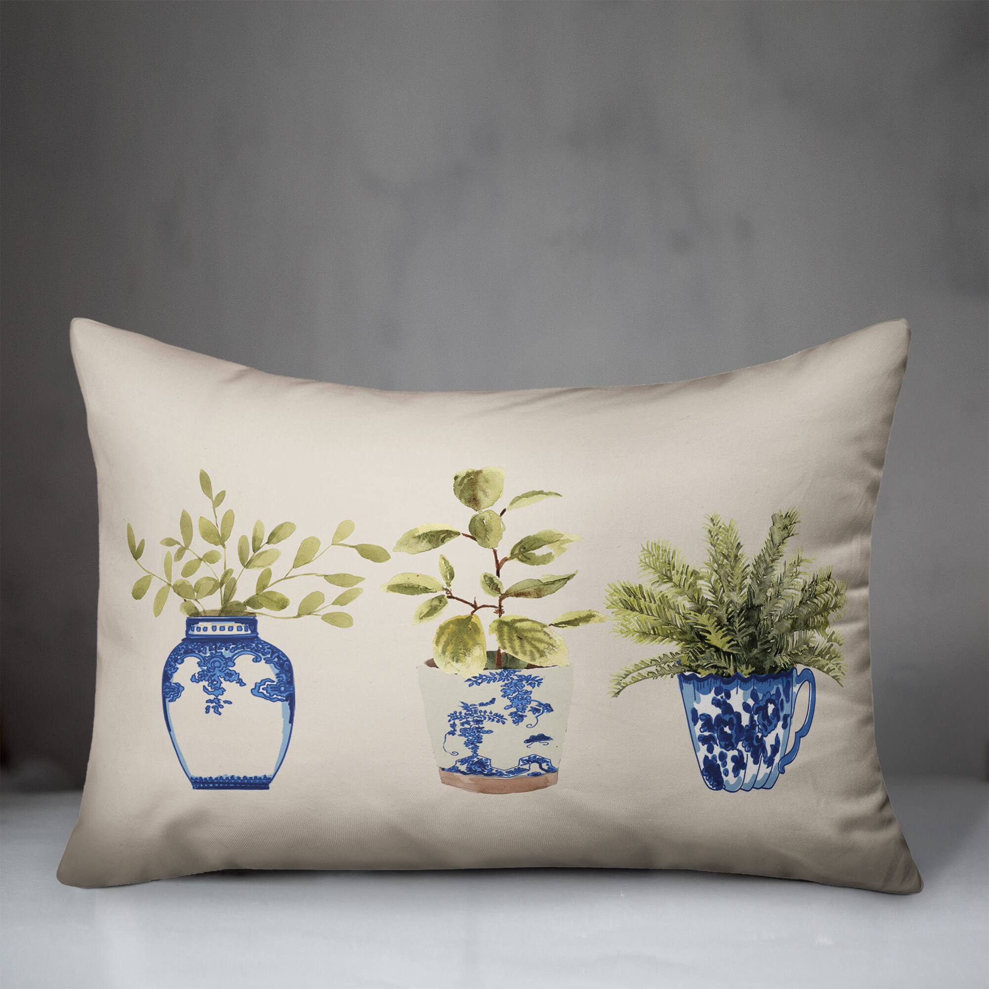 Potted Plants Blue White 14&#x22; x 20&#x22; Throw Pillow