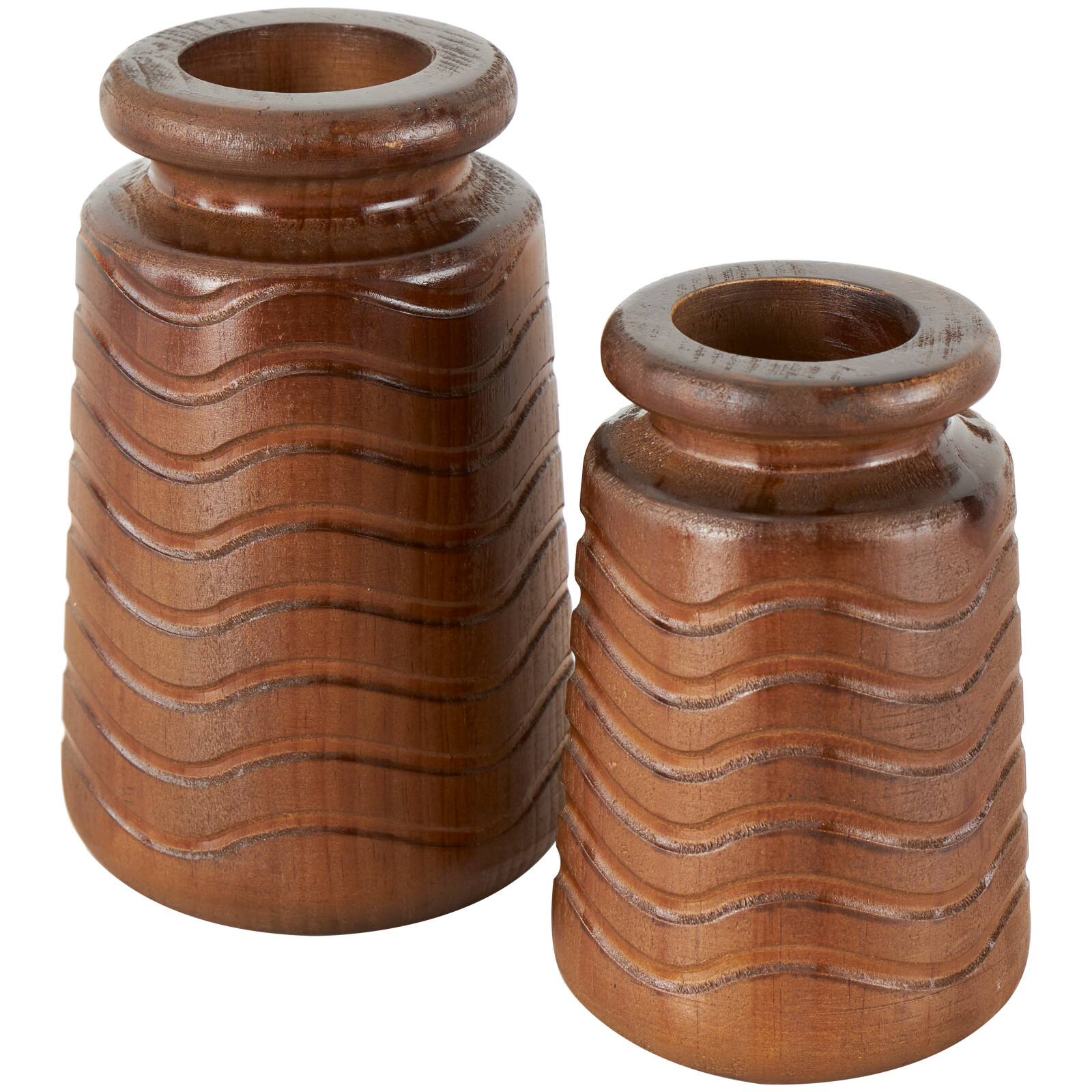 Brown Wood Vase with Carved Wavy Design Set