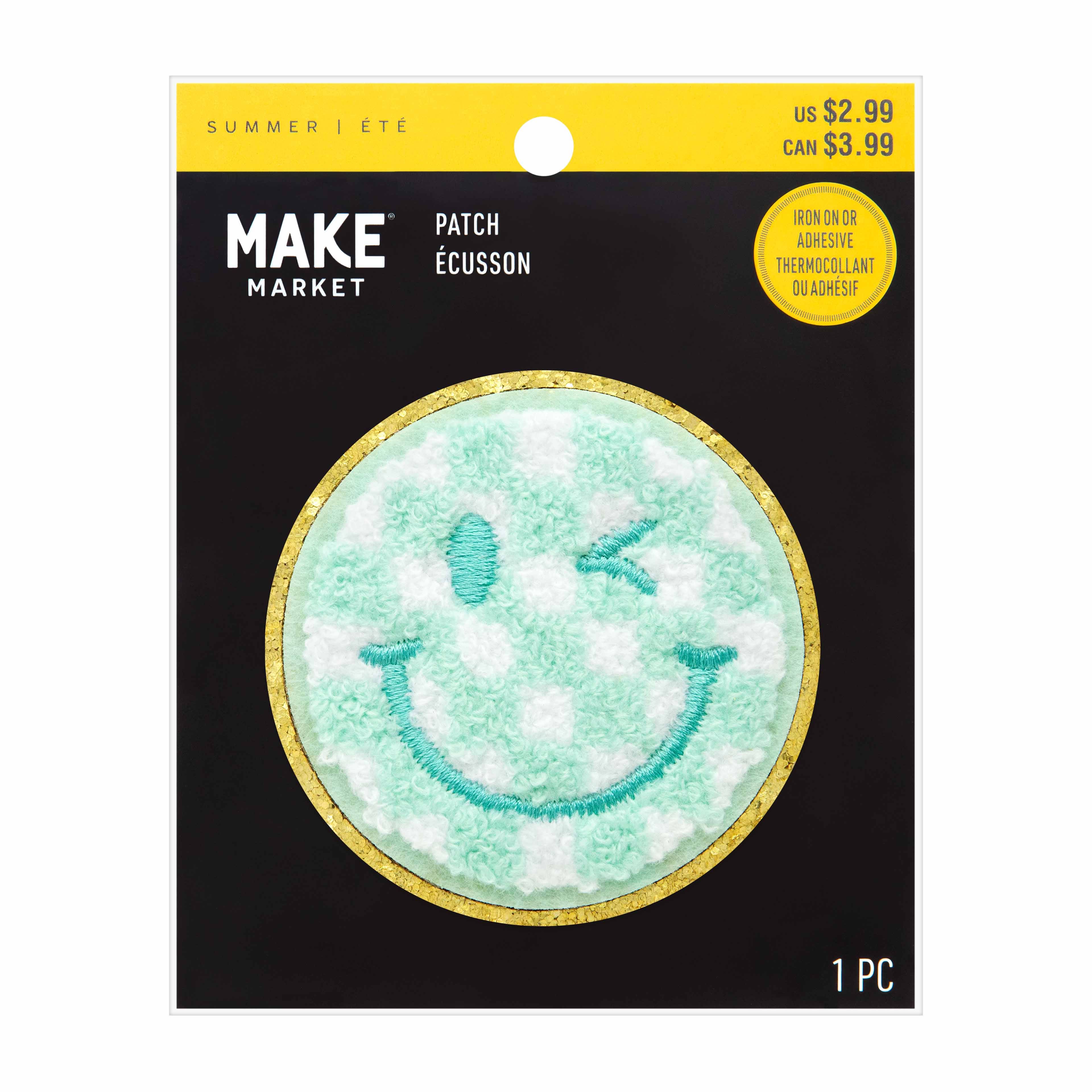 Summer Blue Smiley Face Iron On &#x26; Adhesive Patch by Make Market&#xAE;