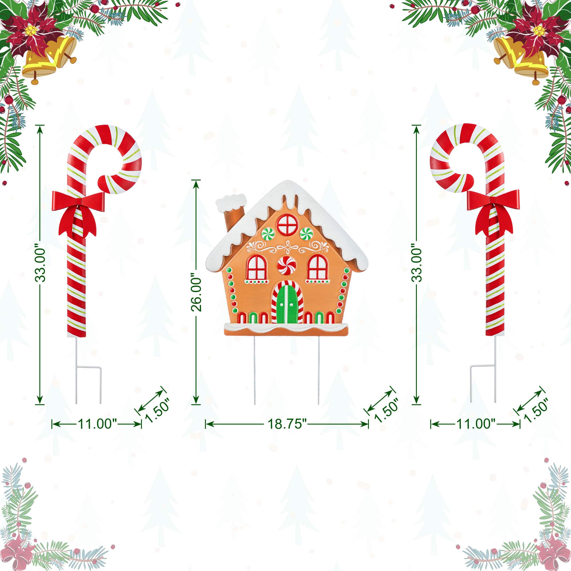 Glitzhome® 33" Metal Christmas Gingerbread House and Candy Cane Yard Stake Set
