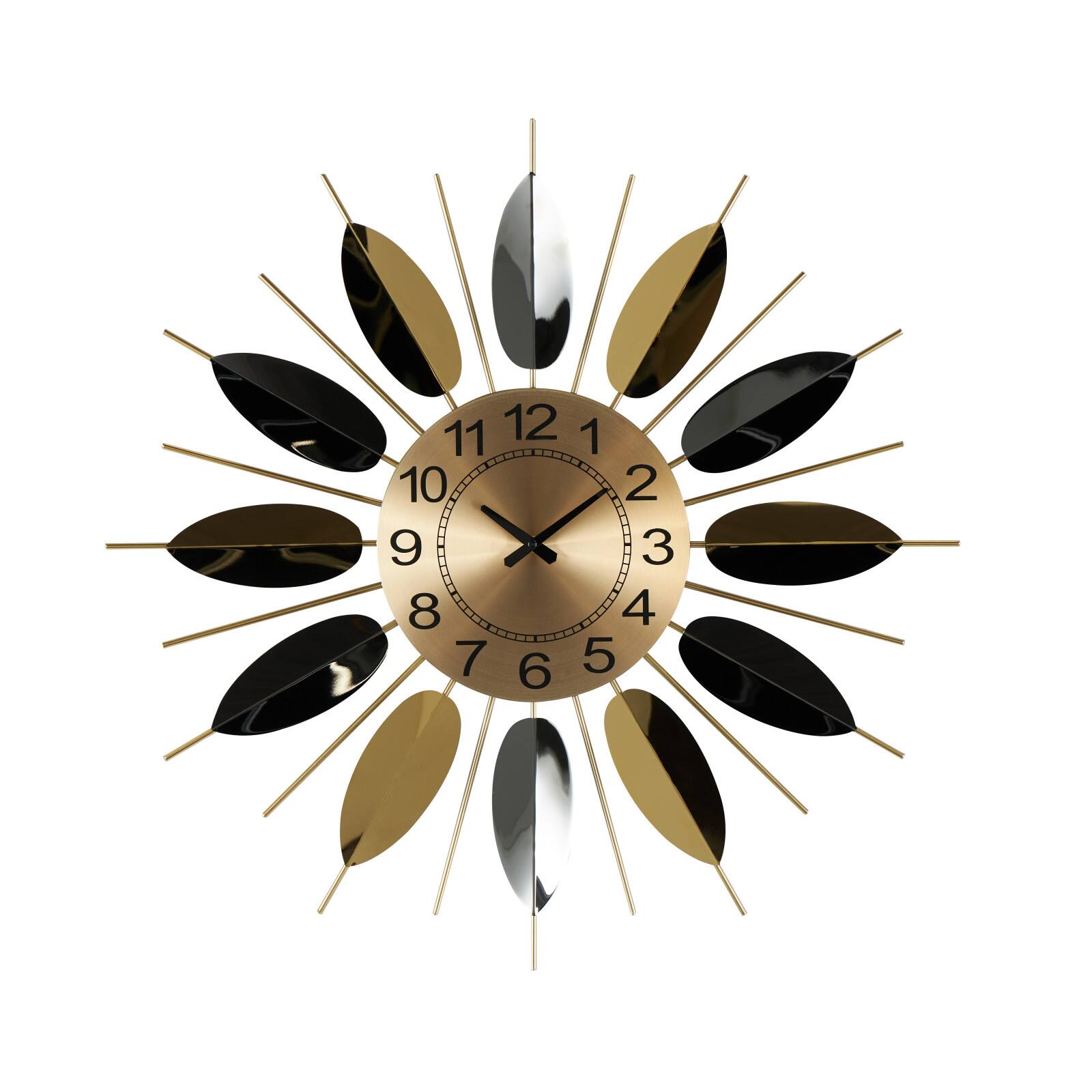 26" Gold Stainless Steel Metal Leaf Radial Decorative Wall Clock with Black Accents