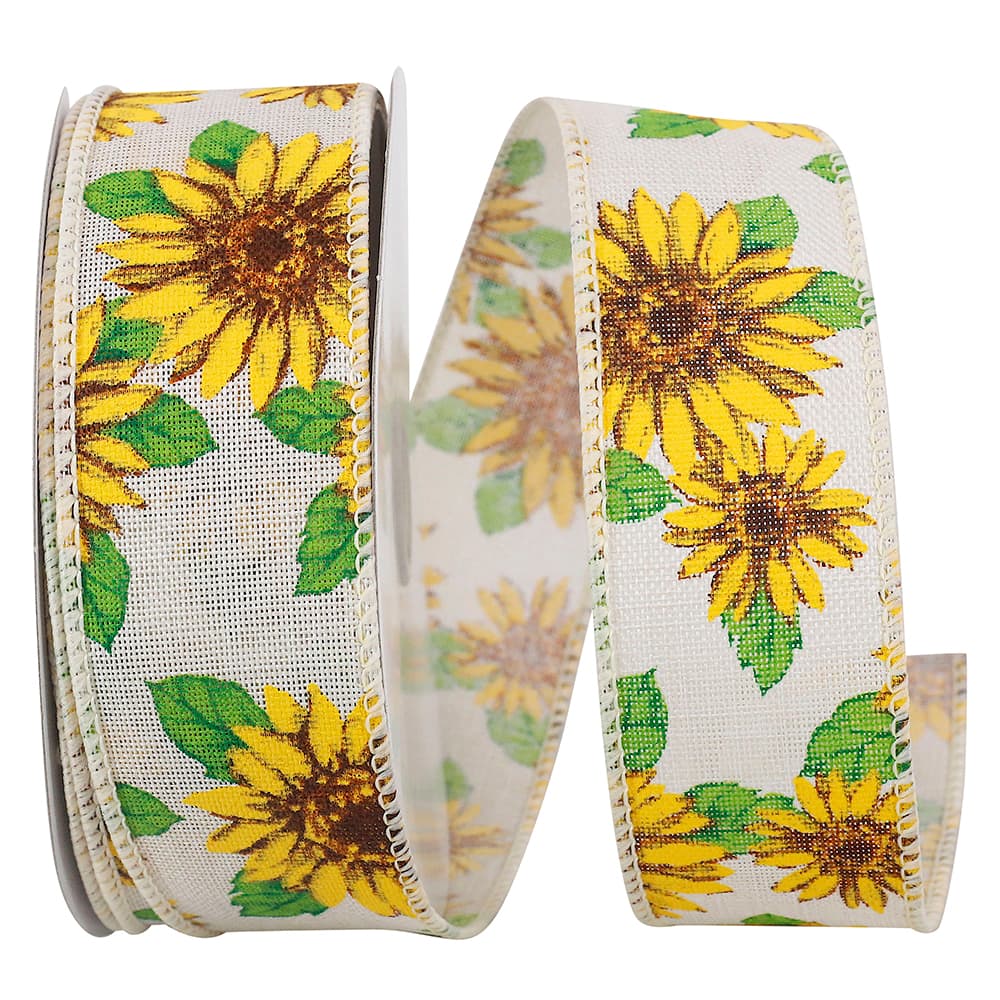 Reliant 1.5&#x22; x 20yd. Linen Wired Sunflowers All Around Ribbon